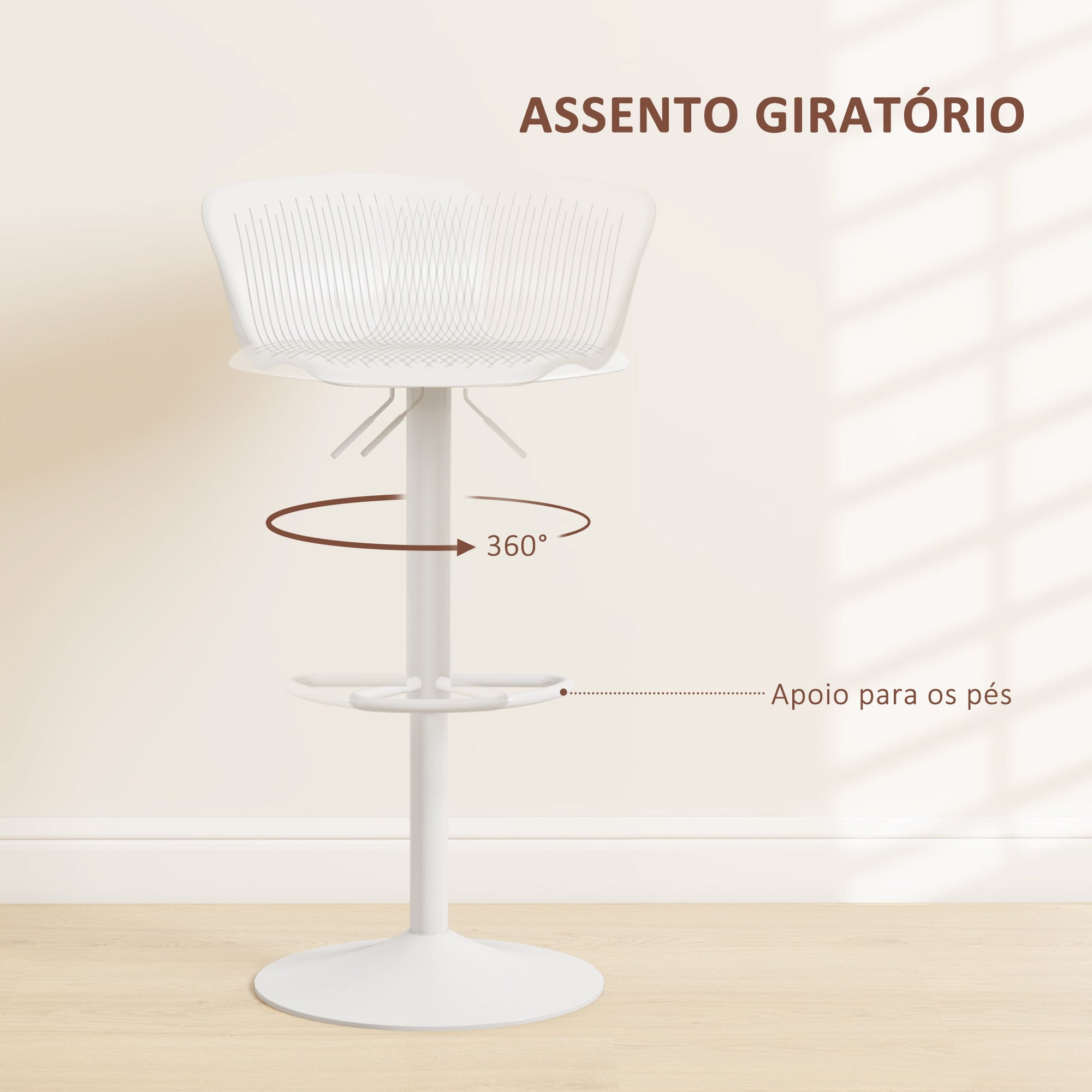 Banco Alto de Cozinha Giratório – 38,5x40x76,5·97,5cm – Branco – Polipropileno e Metal
