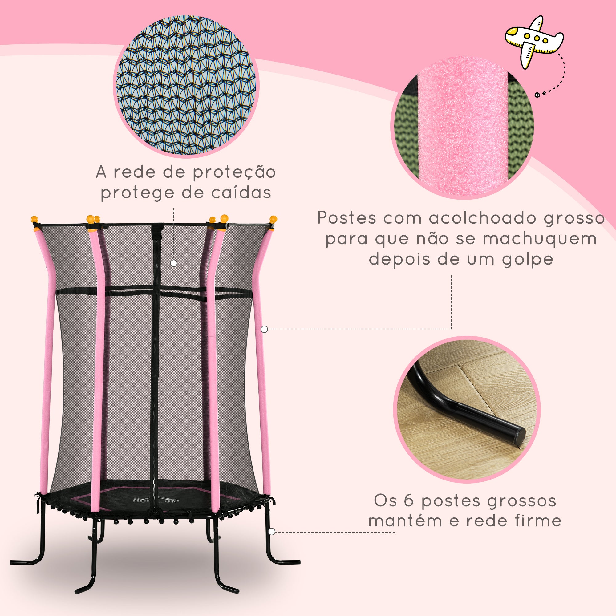 Trampolim Infantil Rosa Ø163,5x190 cm para Crianças acima de 3 Anos