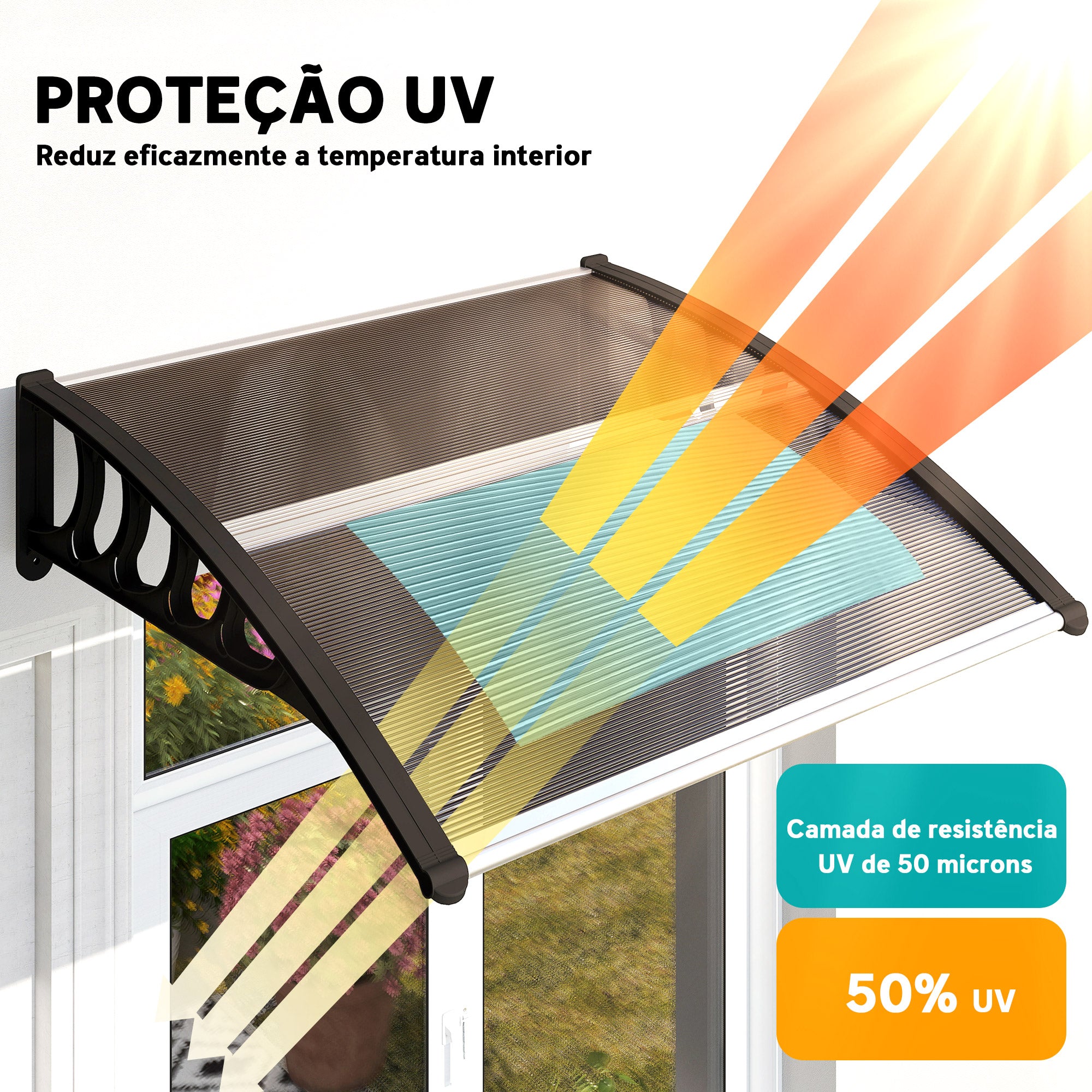 Marquise para Portas e Janelas – 103x96,5x27 cm – Preto e Marrom – Policarbonato e Alumínio