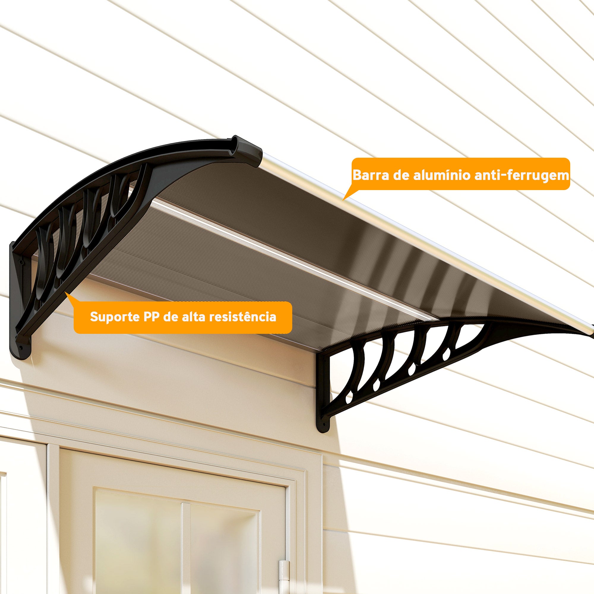Marquise para Portas e Janelas – 103x96,5x27 cm – Preto e Marrom – Policarbonato e Alumínio