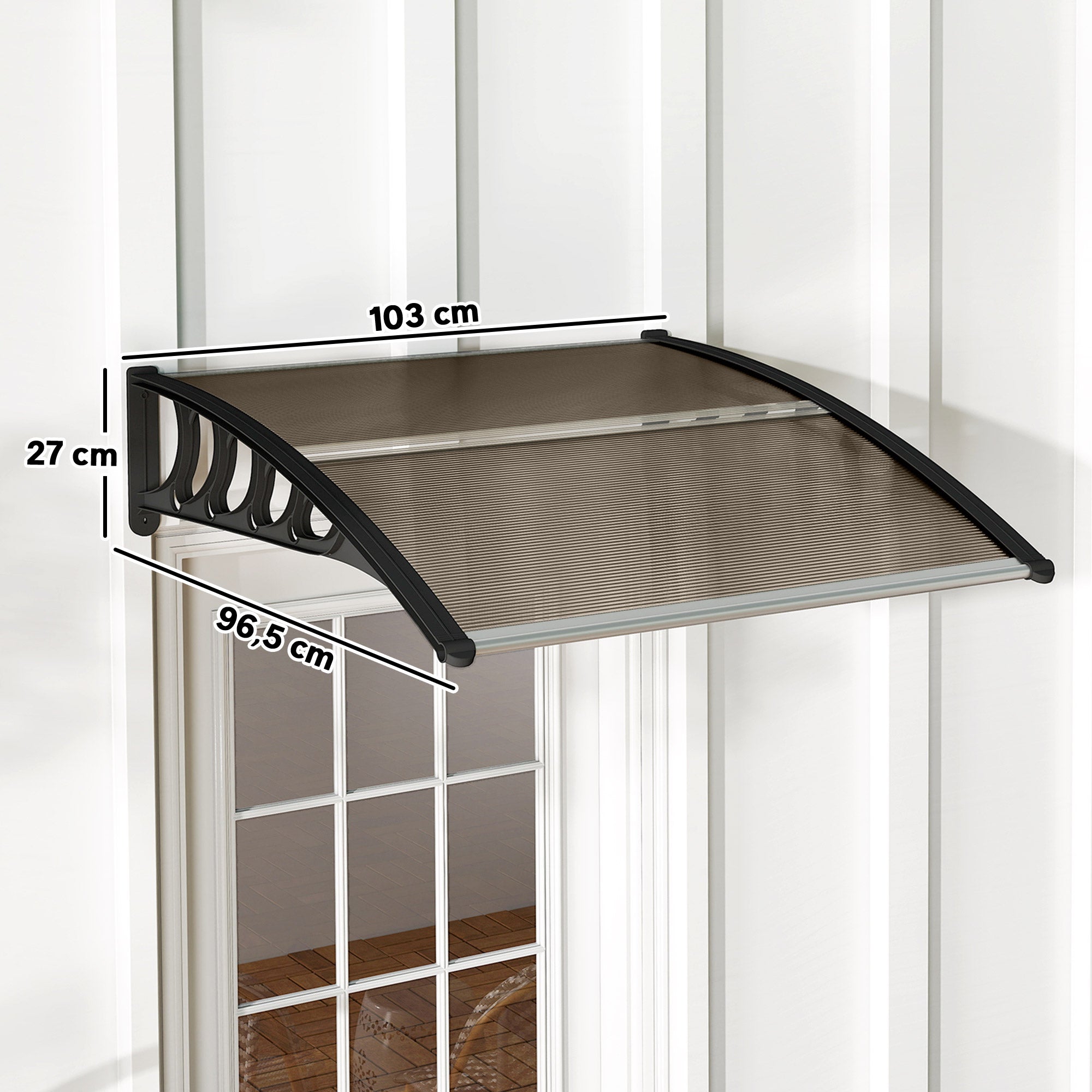 Marquise para Portas e Janelas – 103x96,5x27 cm – Preto e Marrom – Policarbonato e Alumínio