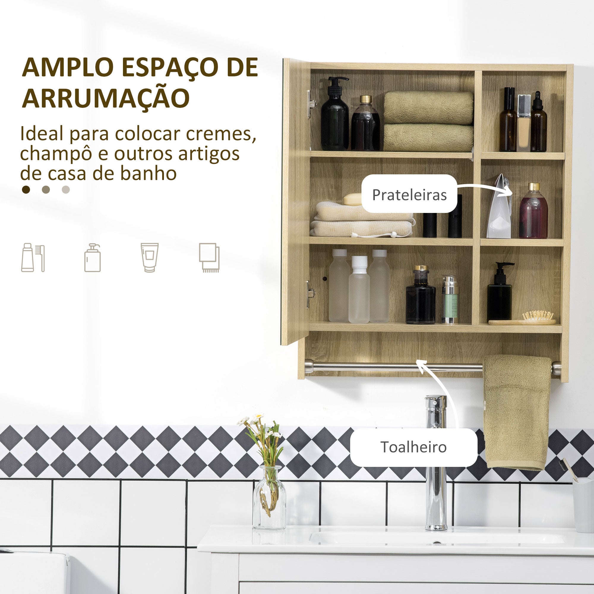 Armário de Casa de Banho com Espelho - 60x15x70 cm - Madeira