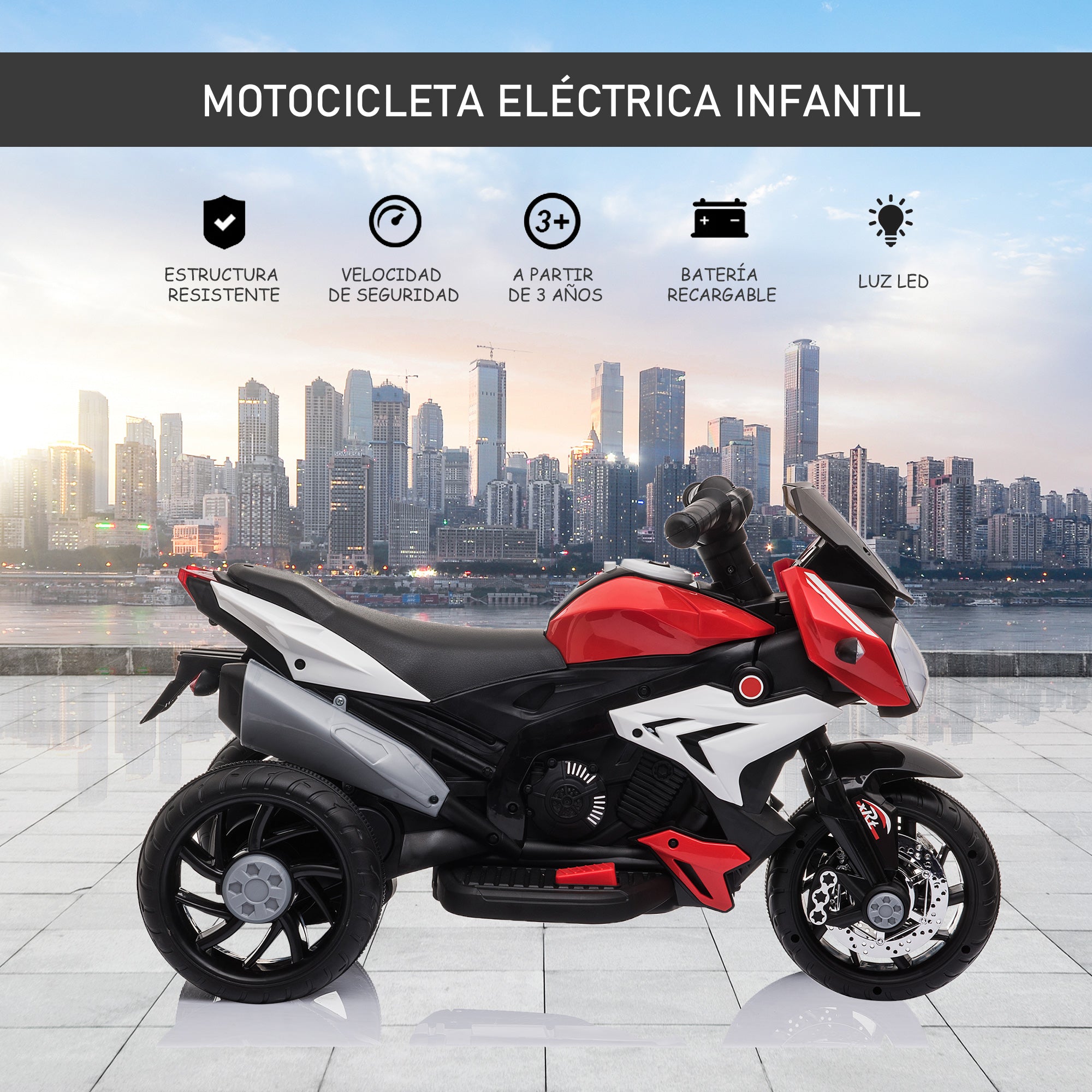 Triciclo Elétrico Infantil com 3 Rodas 86x42x52cm em Preto e Vermelho