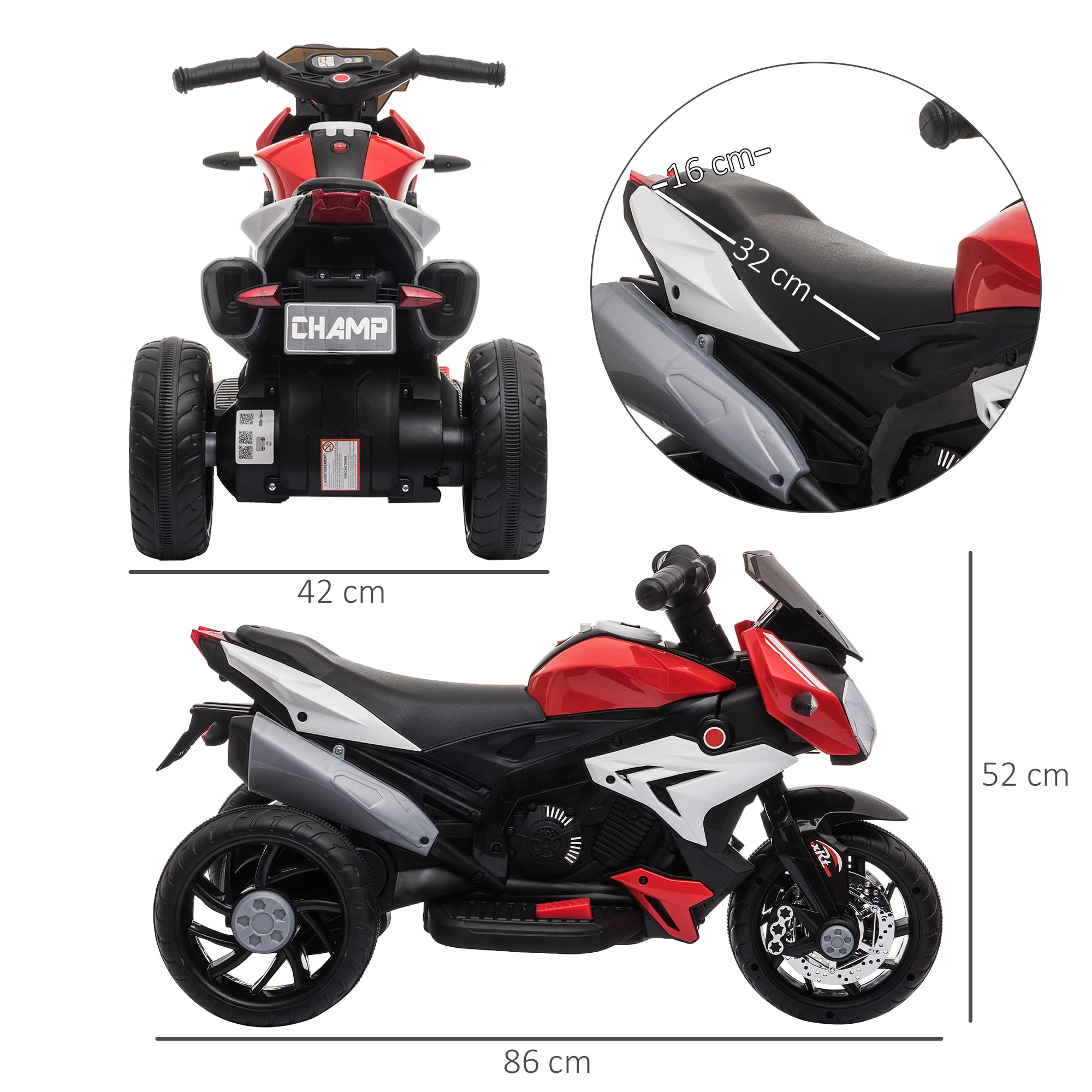 Triciclo Elétrico Infantil com 3 Rodas 86x42x52cm em Preto e Vermelho