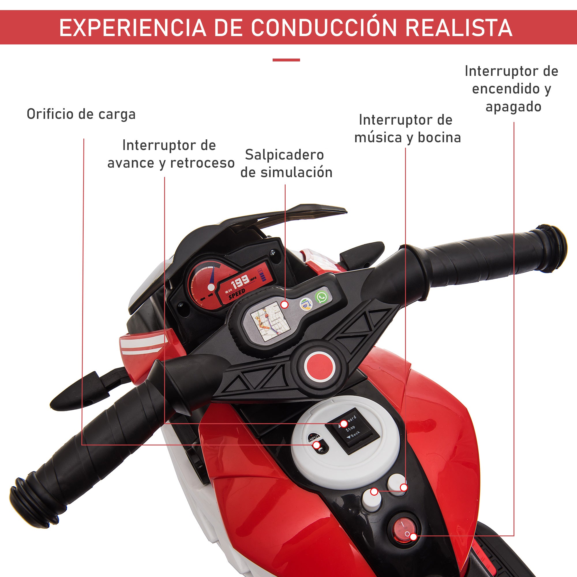 Triciclo Elétrico Infantil com 3 Rodas 86x42x52cm em Preto e Vermelho