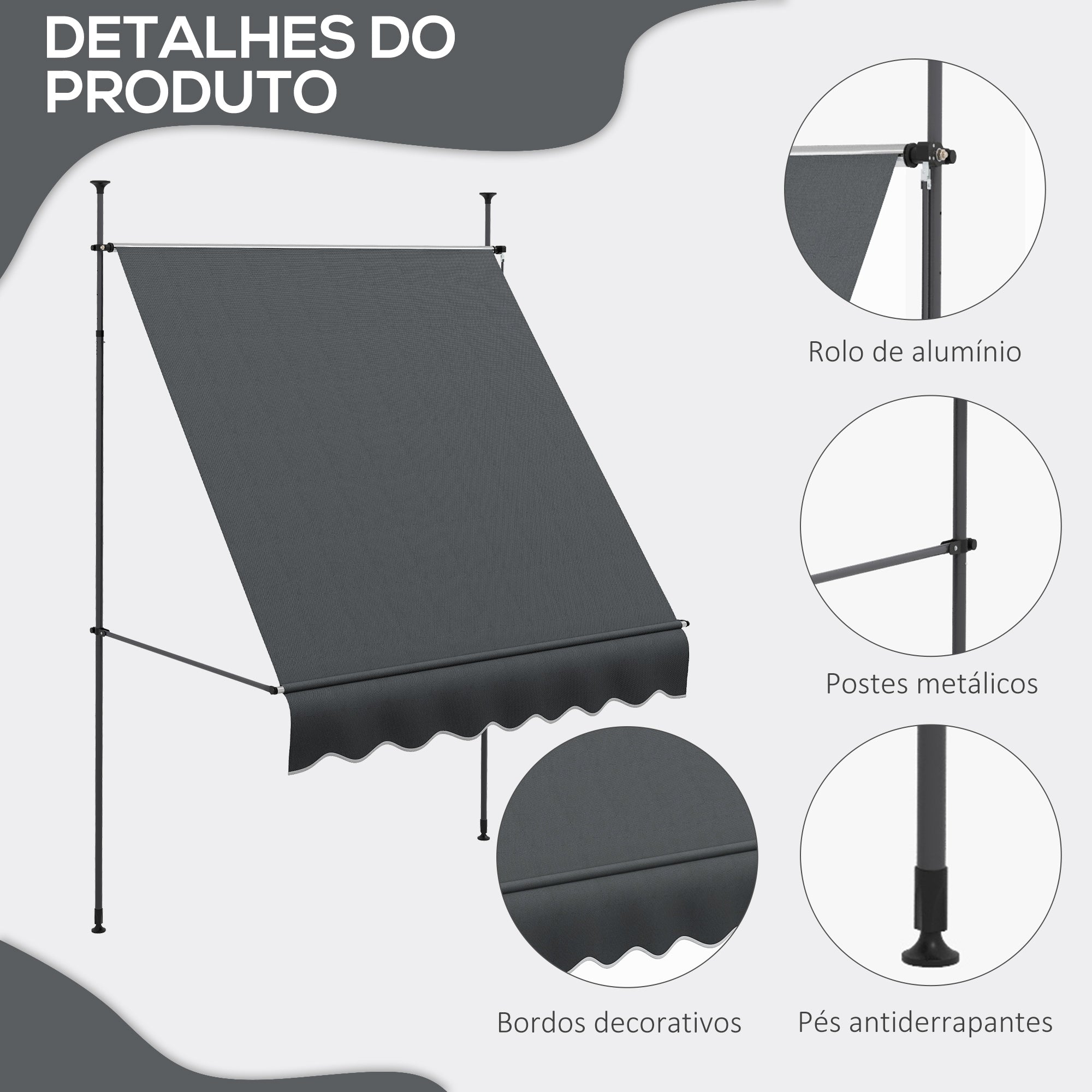 Toldo Manual Retrátil com Manivela 200x120x210-300 cm Cinza Escuro