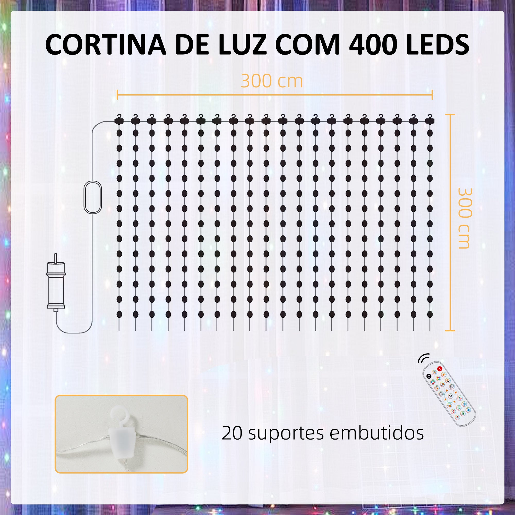 Cortina de Luzes LED 300x300 cm - Transparente