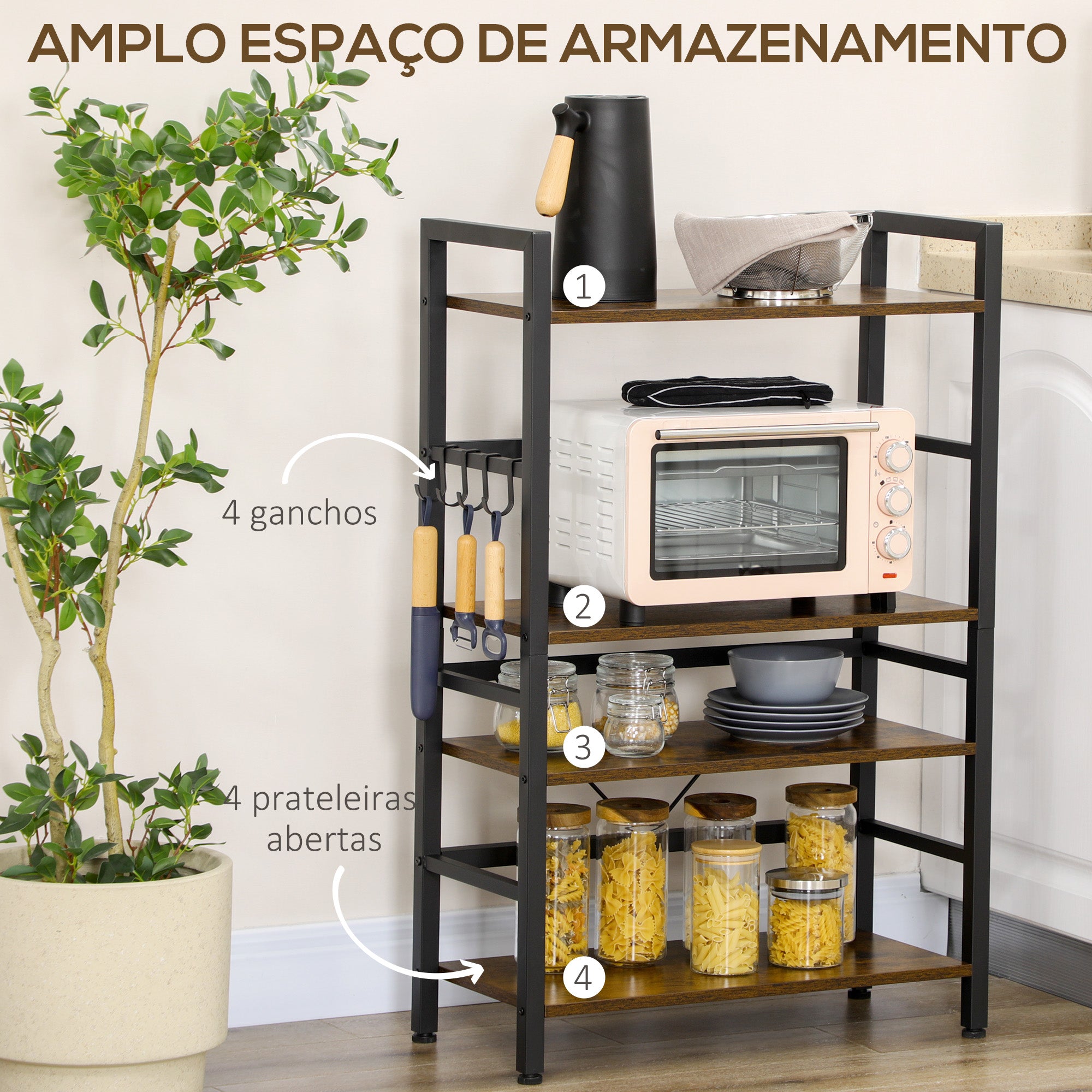 Estante de Cozinha 4 Níveis 65x30x102 cm Castanho Rústico