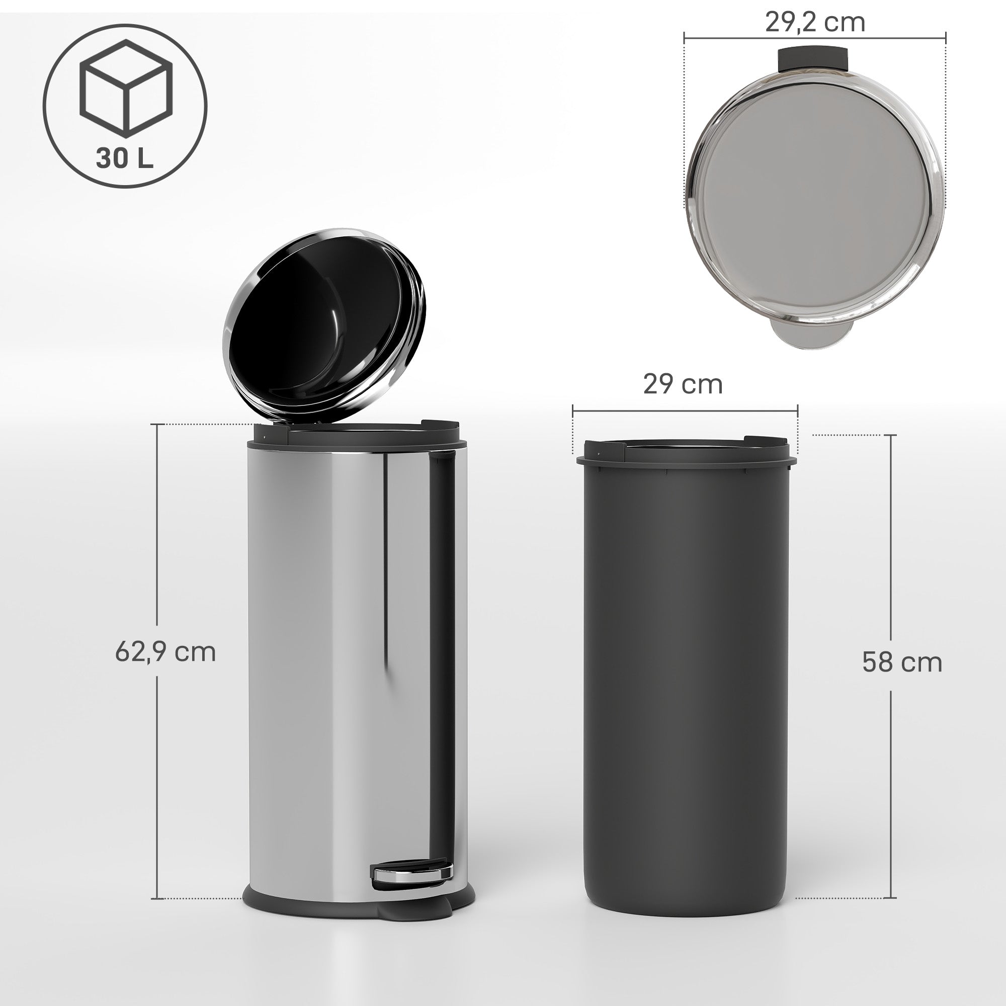 Balde de Lixo 30L Prata Ø29,2x62,9 cm - Design Elegante e Funcional