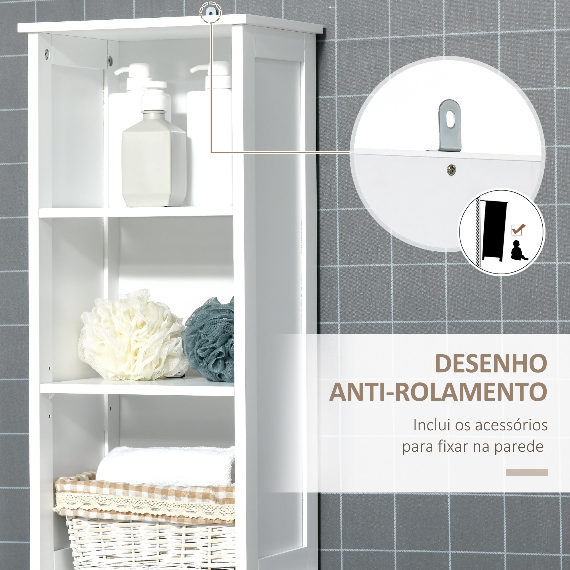 Armário Alto de Casa de Banho 34x30x172cm Branco e Madeira Natural