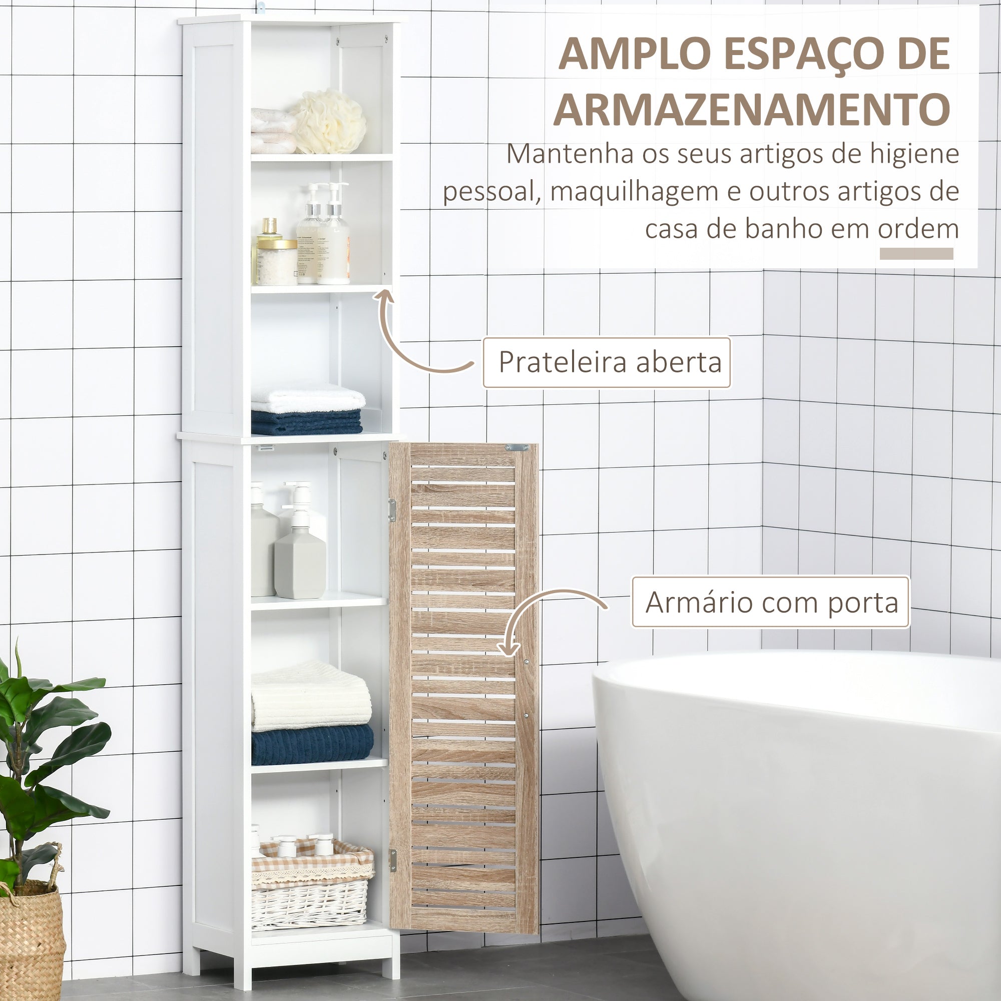 Armário Alto de Casa de Banho 34x30x172cm Branco e Madeira Natural