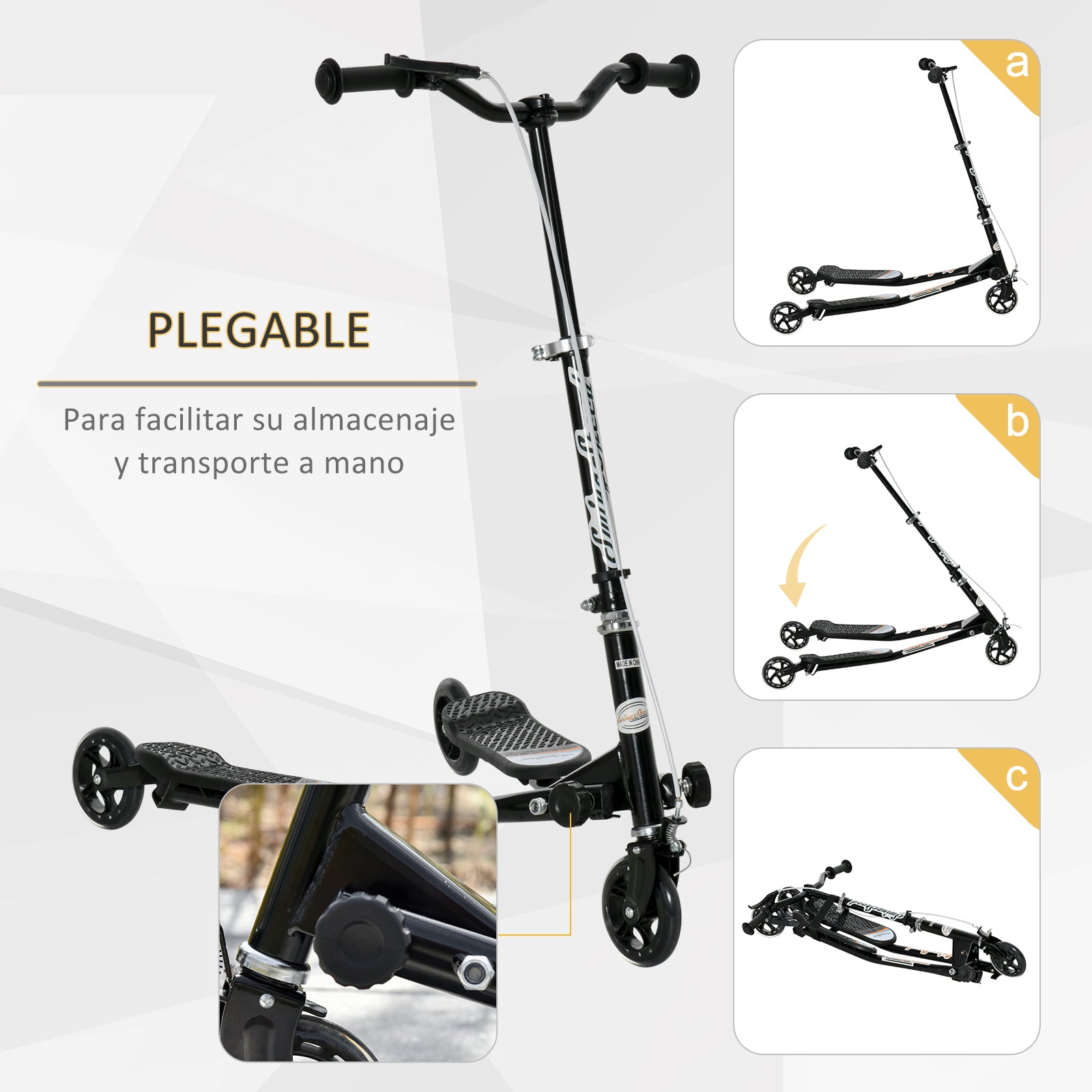 Trotinete de 3 Rodas Dobrável para Crianças +4 Anos - Cor Negro - Medidas 92x53x73cm