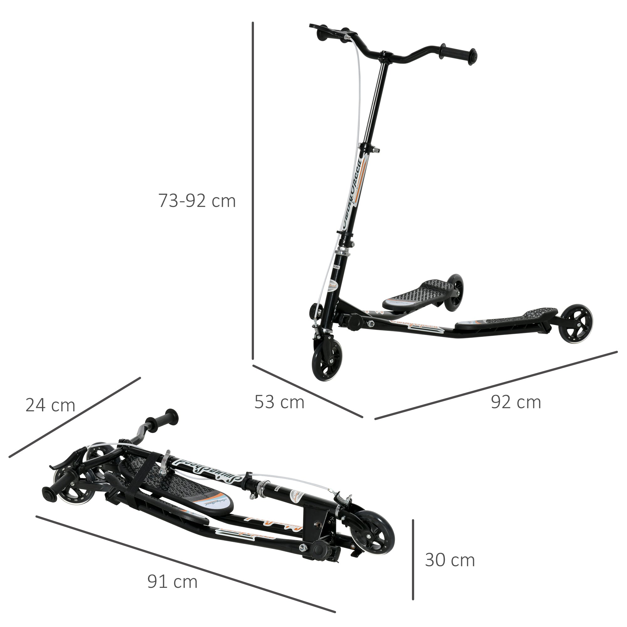 Trotinete de 3 Rodas Dobrável para Crianças +4 Anos - Cor Negro - Medidas 92x53x73cm
