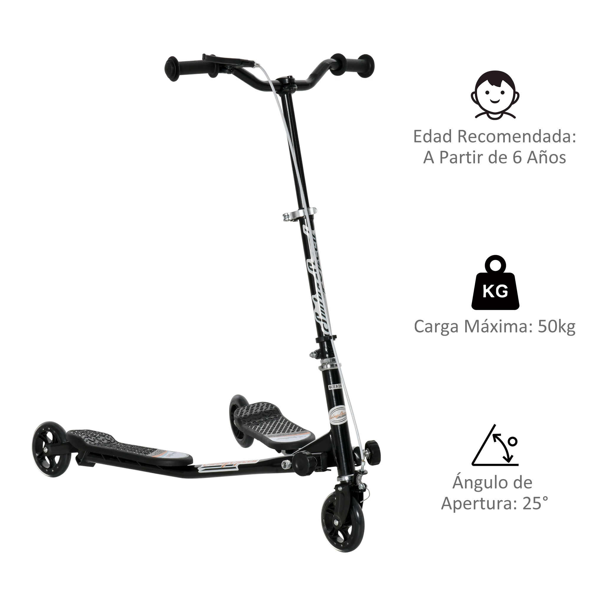 Trotinete de 3 Rodas Dobrável para Crianças +4 Anos - Cor Negro - Medidas 92x53x73cm