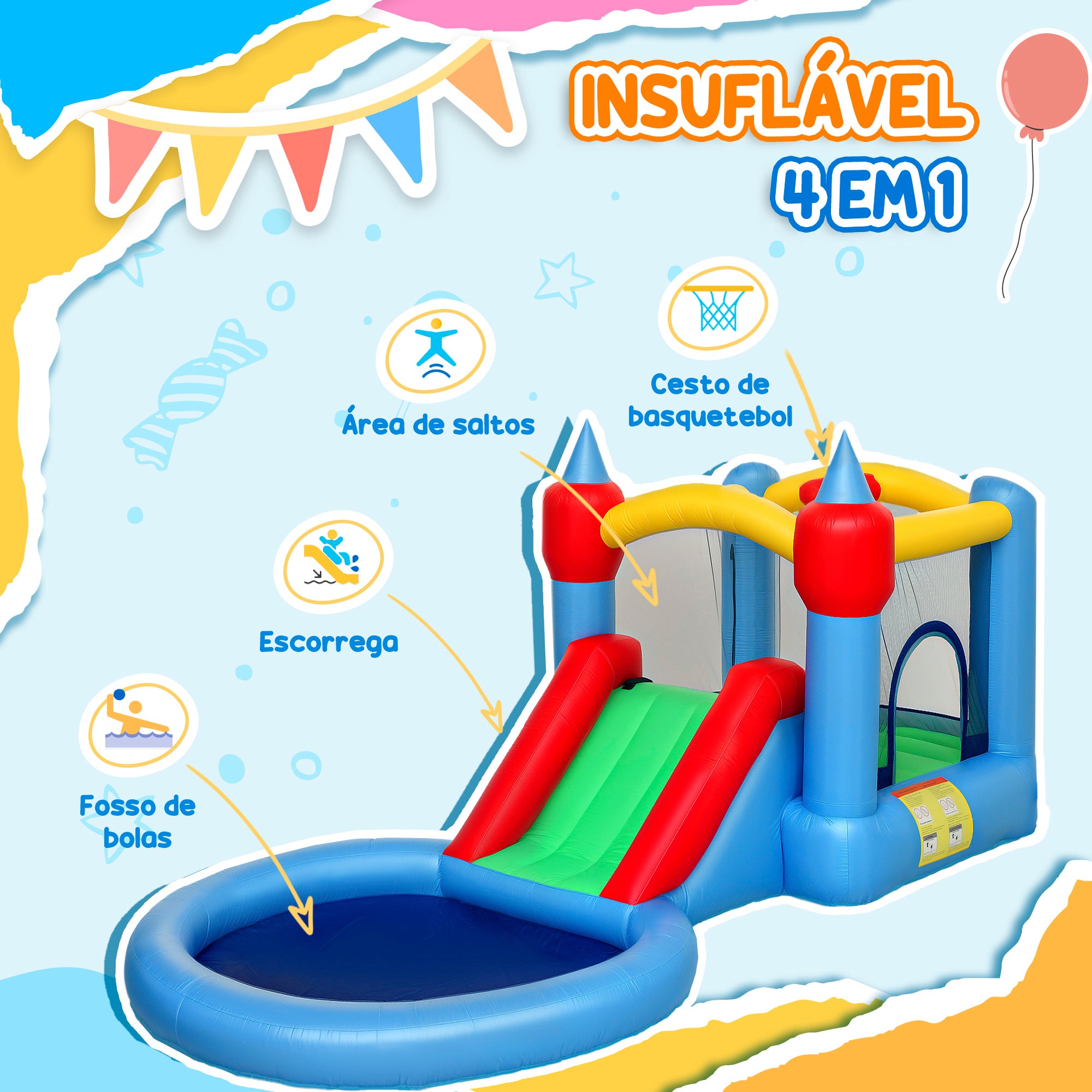 Castelo Insuflável Multicor 415x205x190 cm para Crianças - Diversão Garantida!