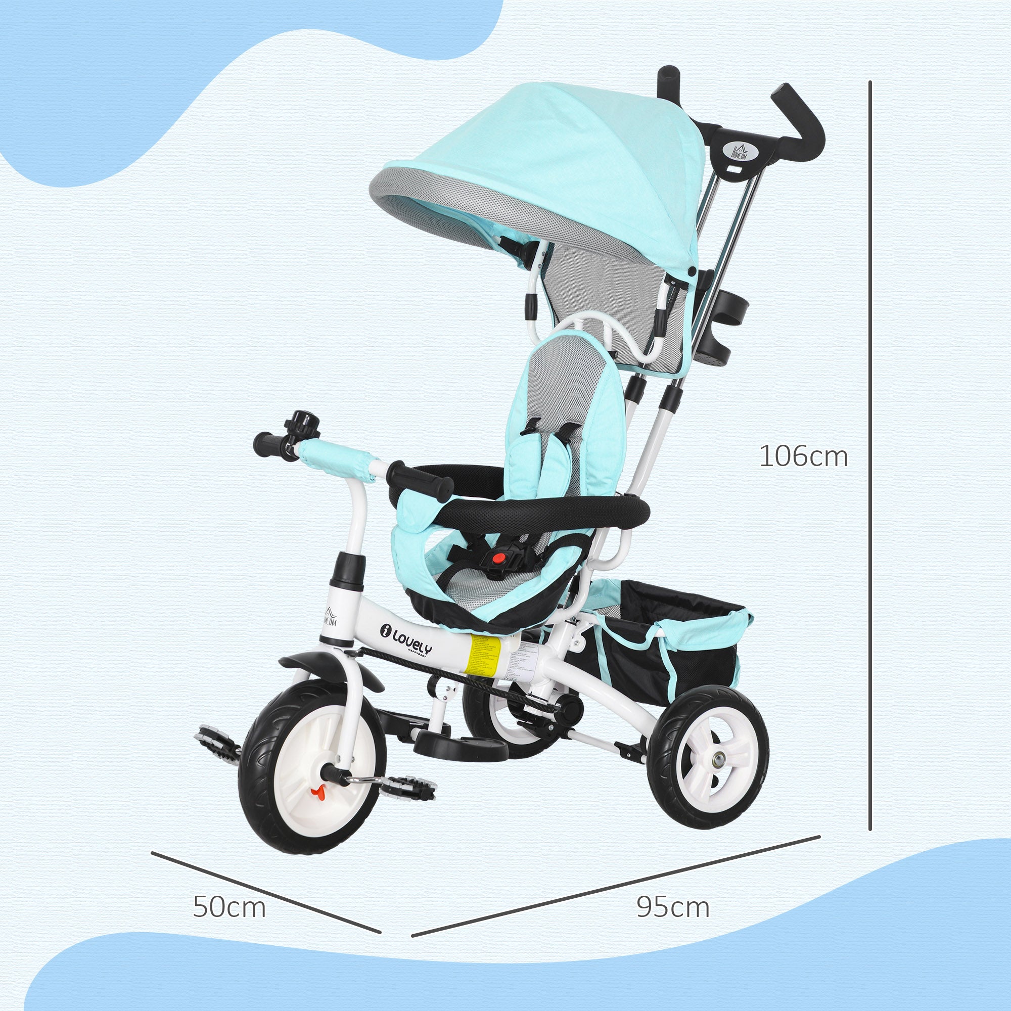 Triciclo Infantil 2 em 1 Verde Mint 95x50x106 cm