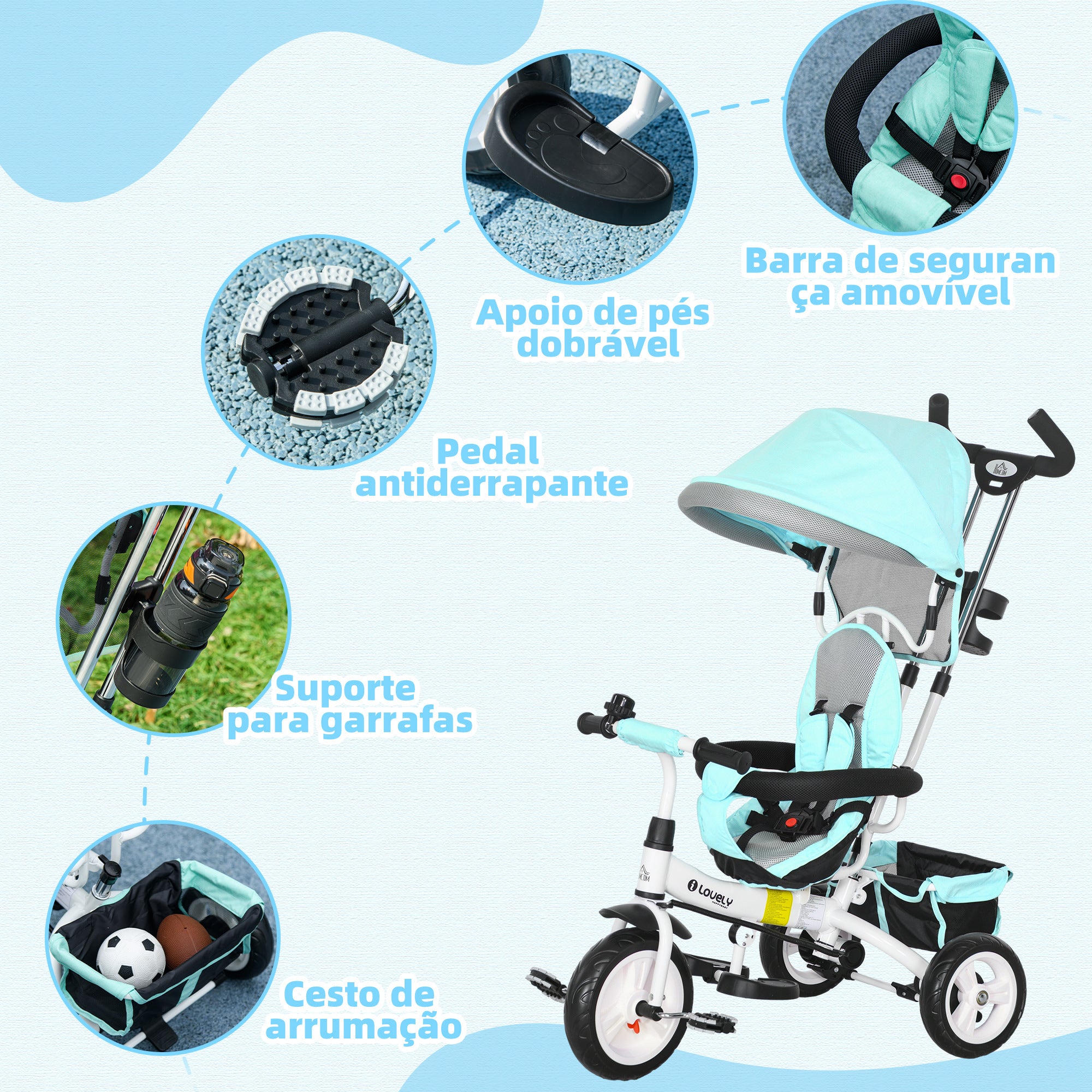 Triciclo Infantil 2 em 1 Verde Mint 95x50x106 cm