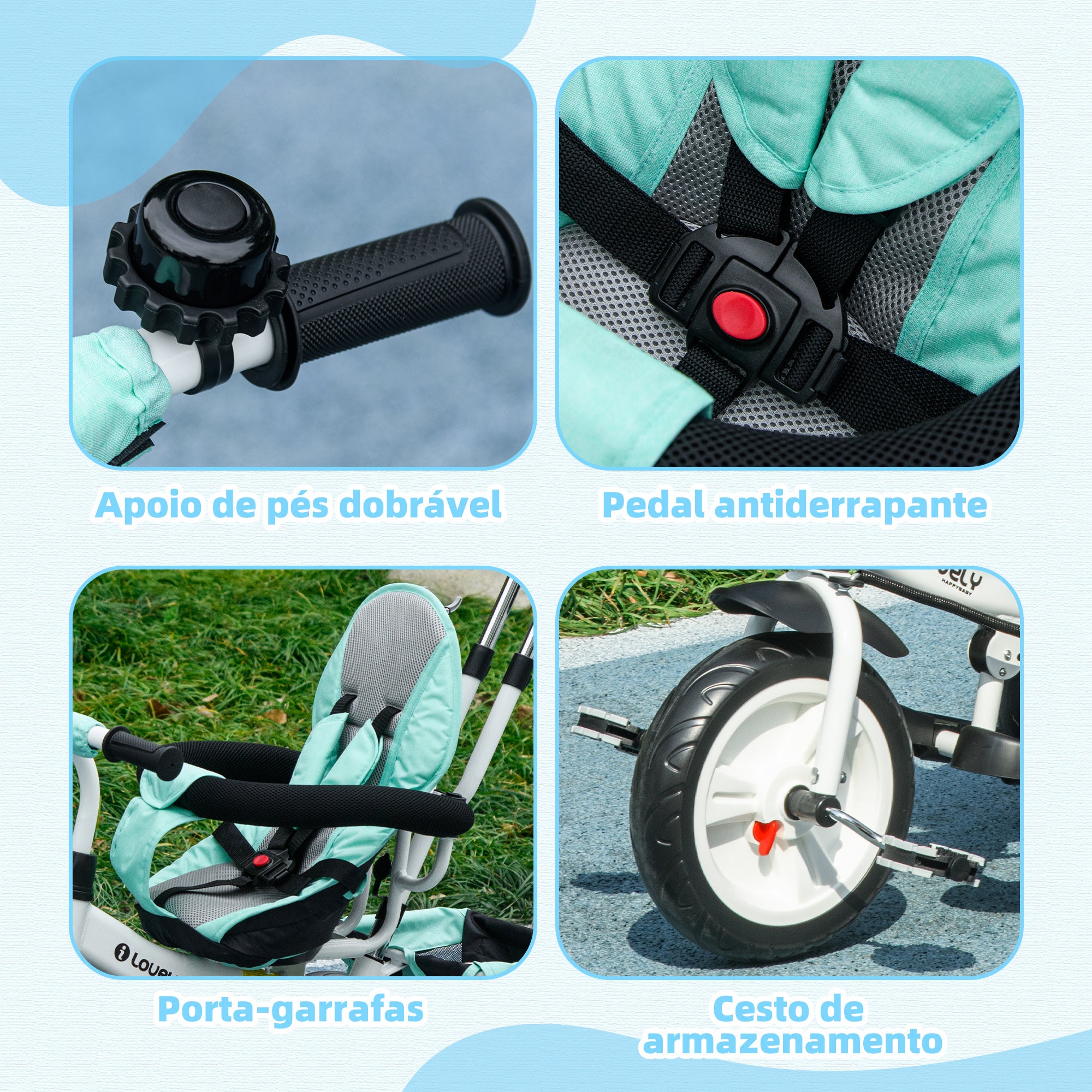 Triciclo Infantil 2 em 1 Verde Mint 95x50x106 cm