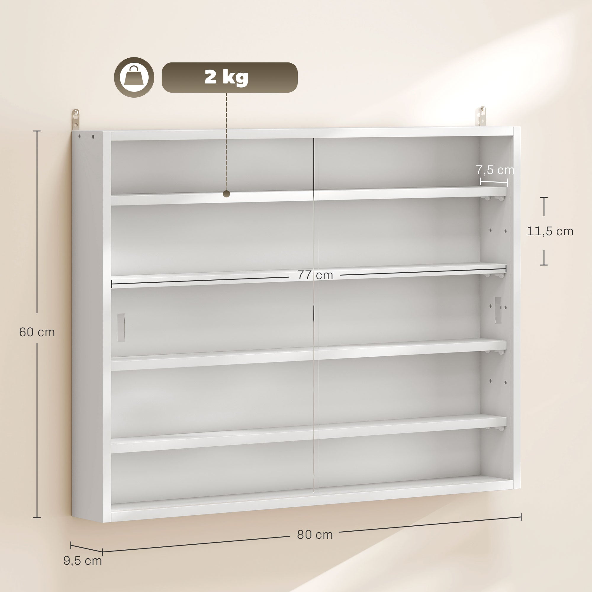 Vitrine de Parede com Prateleiras Ajustáveis e 2 Portas de Vidro 80x9,5x60cm Branco