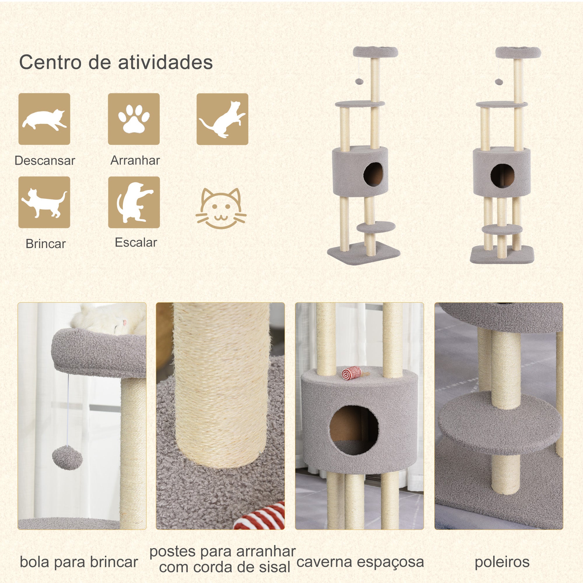 Arranhador para Gatos Altura 148 cm Cinzento