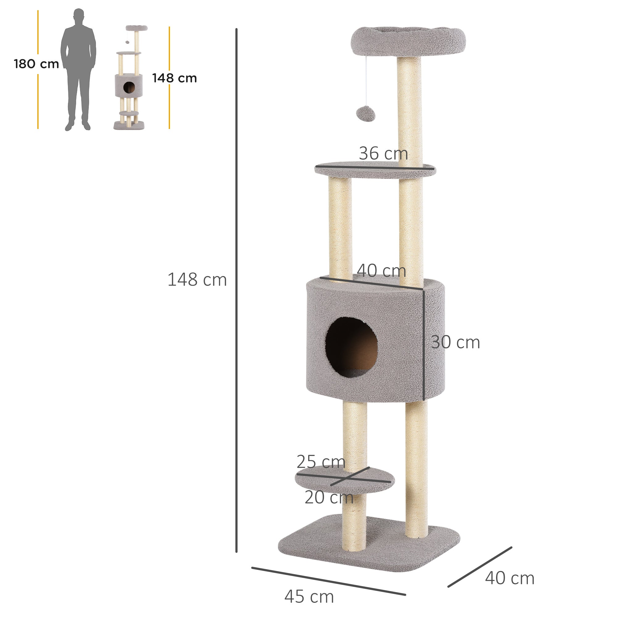 Arranhador para Gatos Altura 148 cm Cinzento