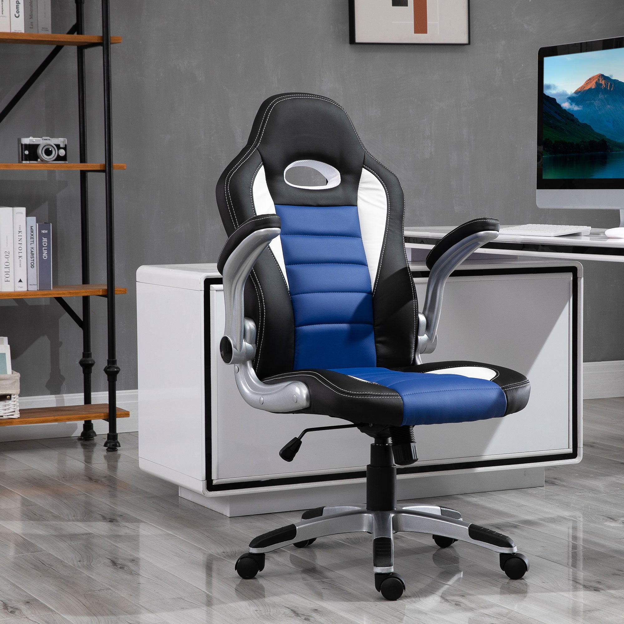 Cadeira de Escritório Executivo Preto Azul Branco - 71cm x 64cm x 109-119cm
