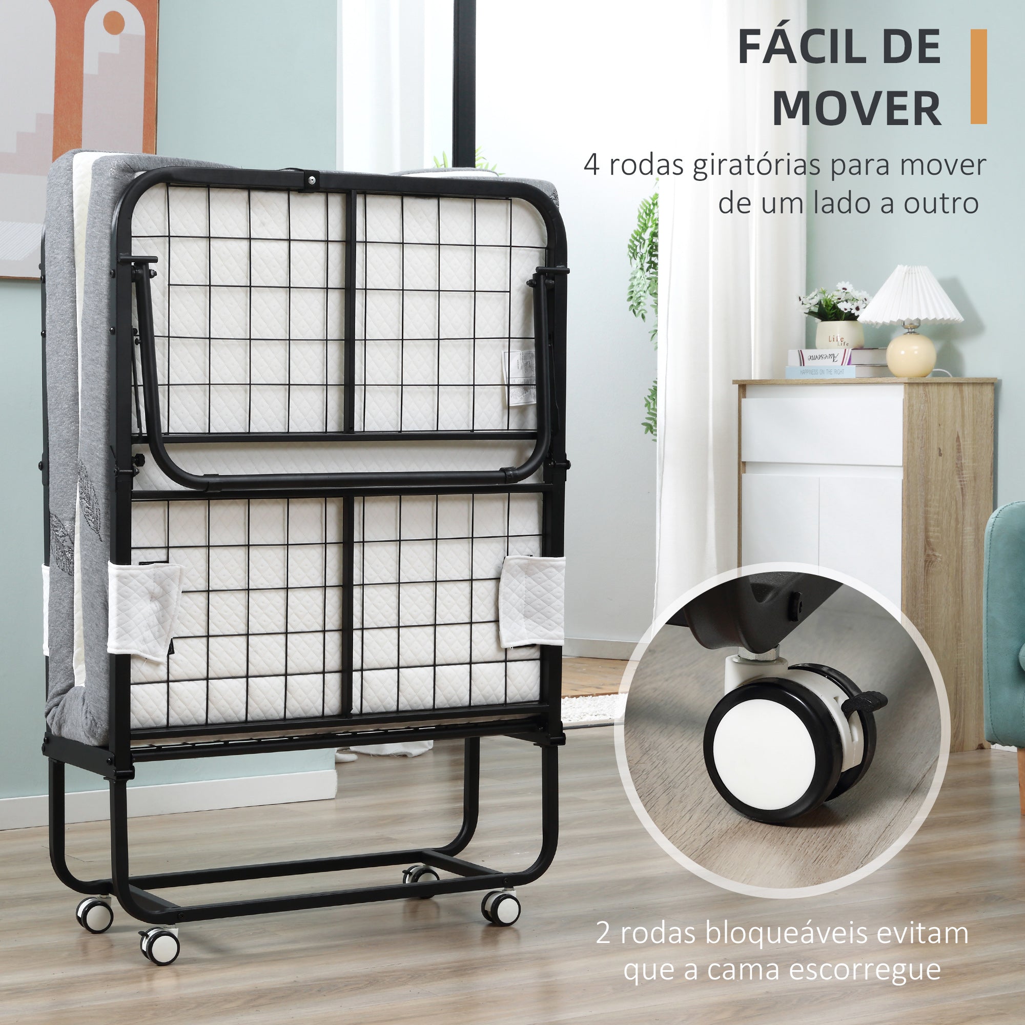 Cama Dobrável – 200x75x42,5cm – Branco e Preto – Aço e Poliéster