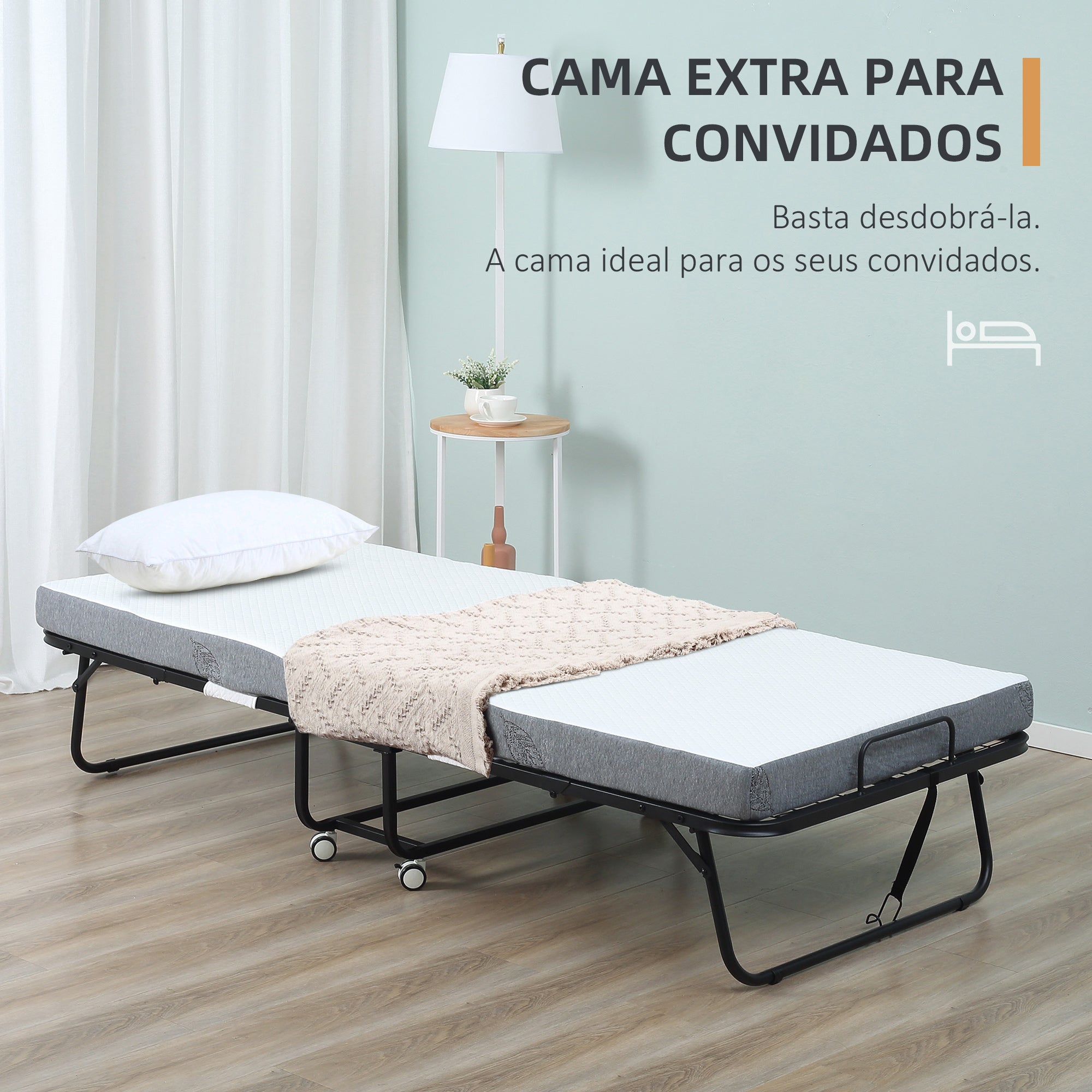 Cama Dobrável – 200x75x42,5cm – Branco e Preto – Aço e Poliéster