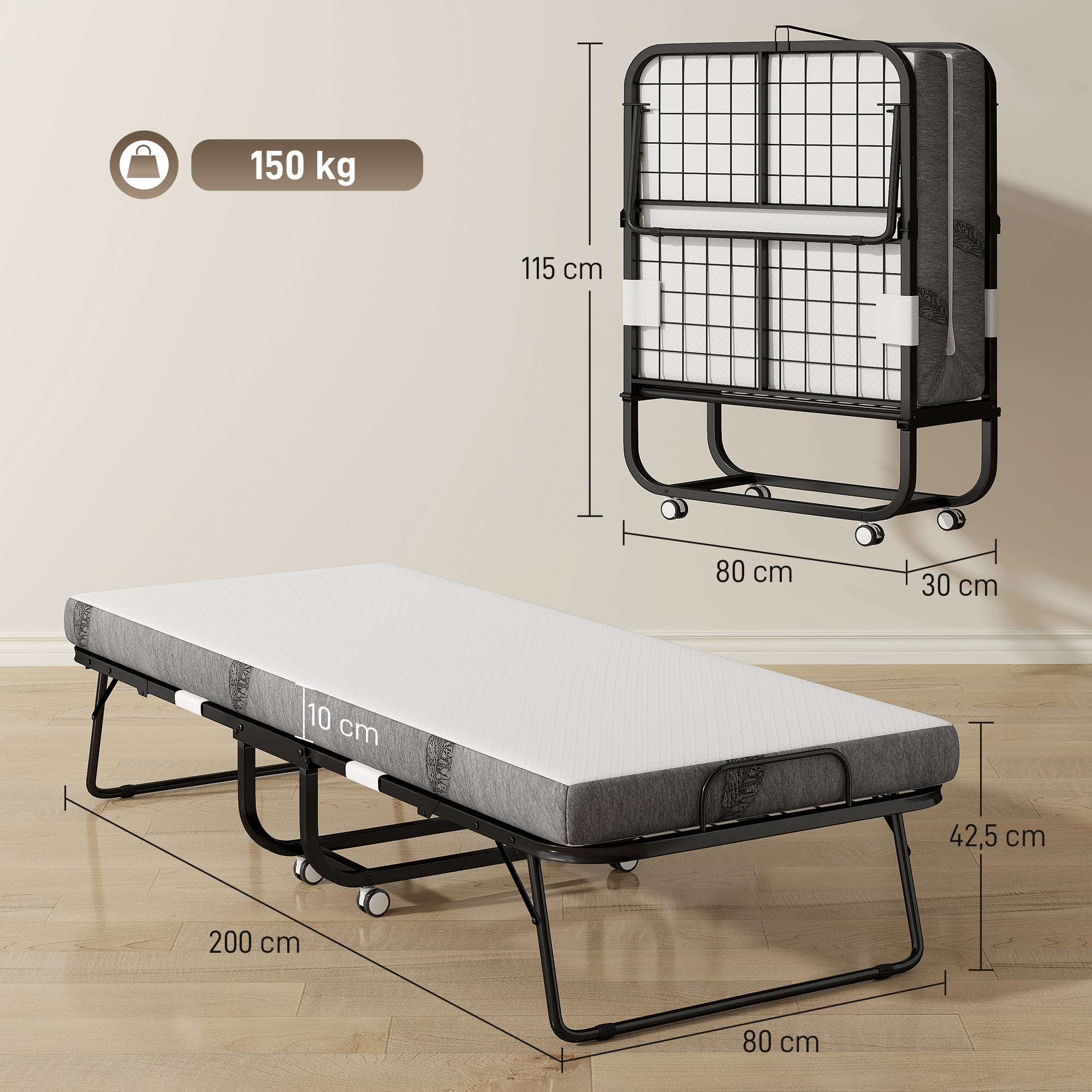 Cama Dobrável – 200x75x42,5cm – Branco e Preto – Aço e Poliéster