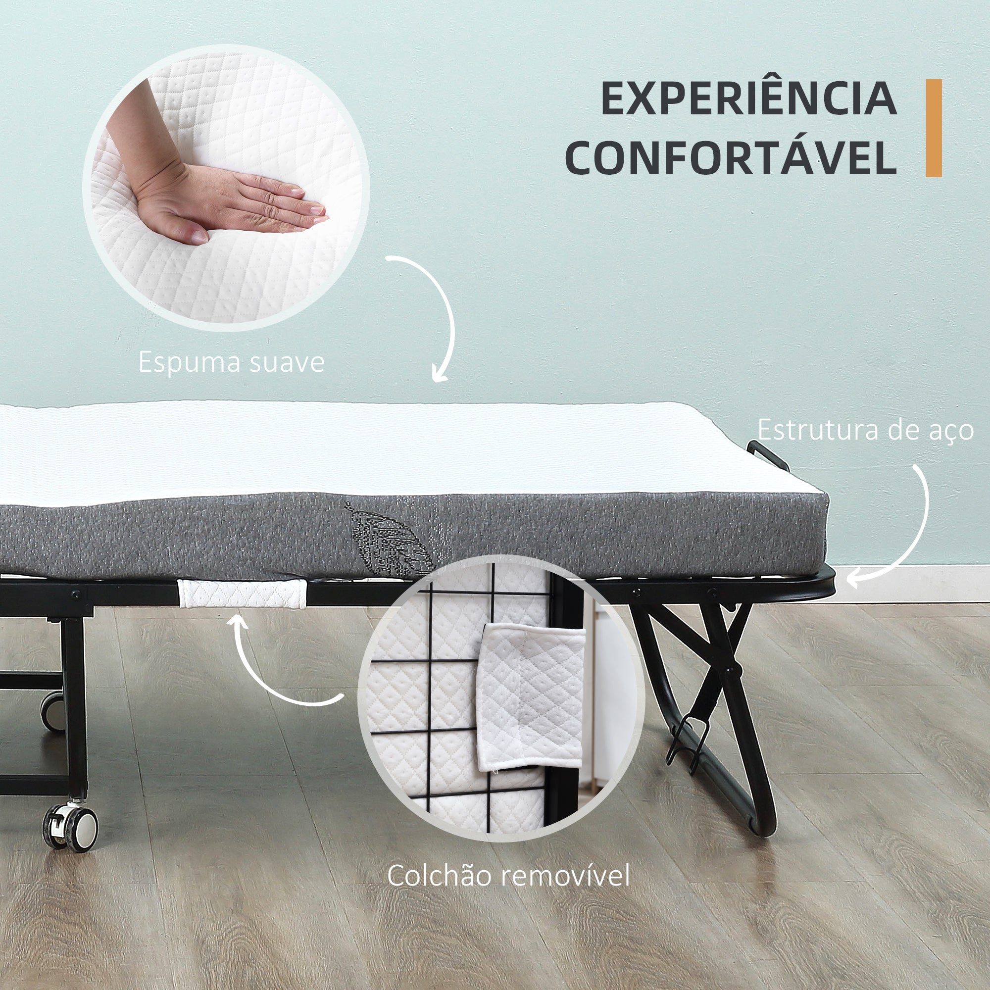 Cama Dobrável – 200x75x42,5cm – Branco e Preto – Aço e Poliéster