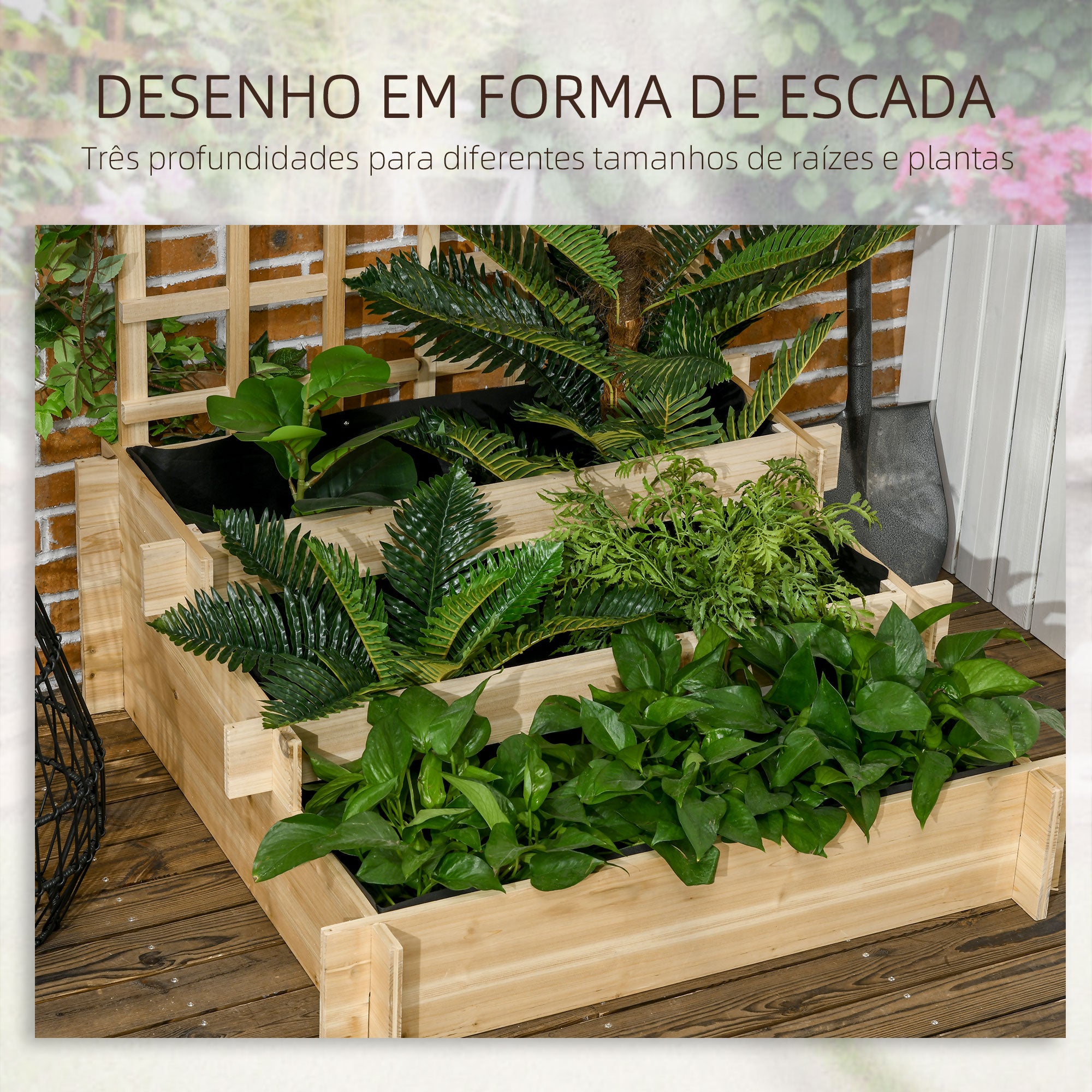 Floreira de 3 Níveis com Treliça – 95x95x110 cm – Cor de Madeira Natural – Madeira