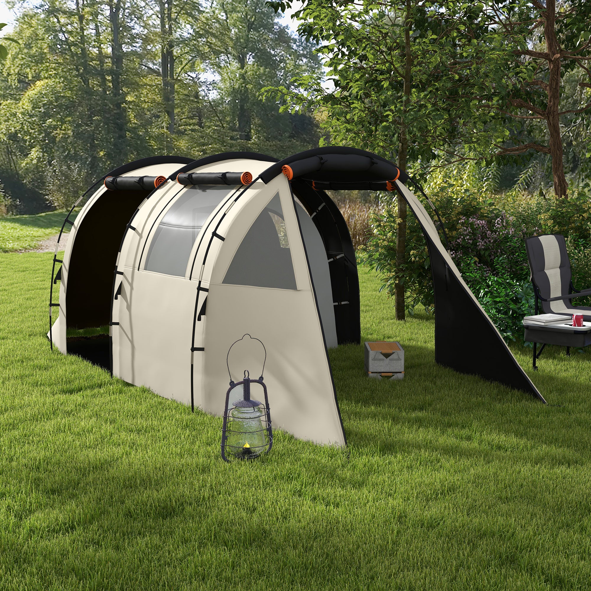 Tenda de Campismo Familiar para 2 Pessoas - 460x230x180 cm - Cor Caqui e Laranja