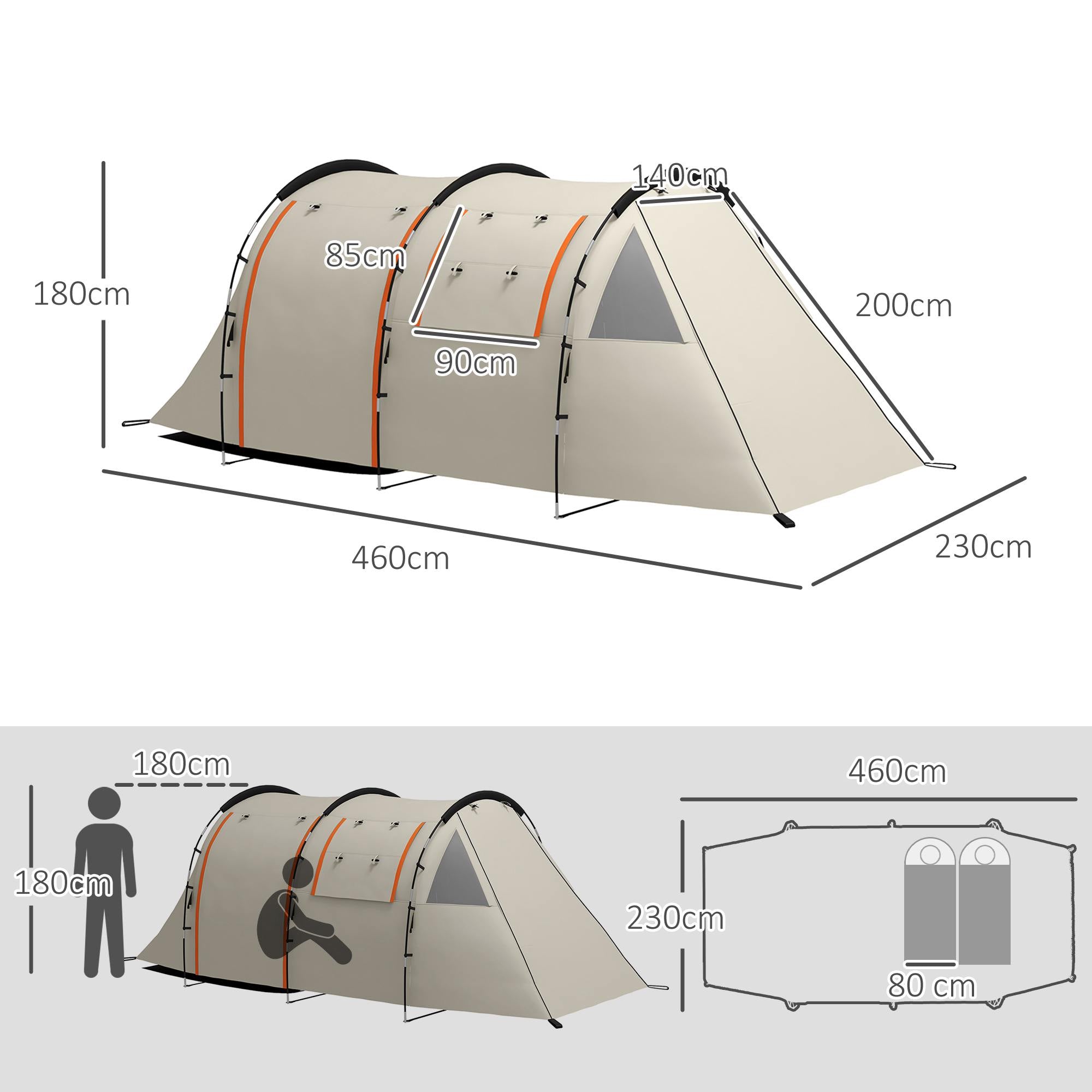 Tenda de Campismo Familiar para 2 Pessoas - 460x230x180 cm - Cor Caqui e Laranja