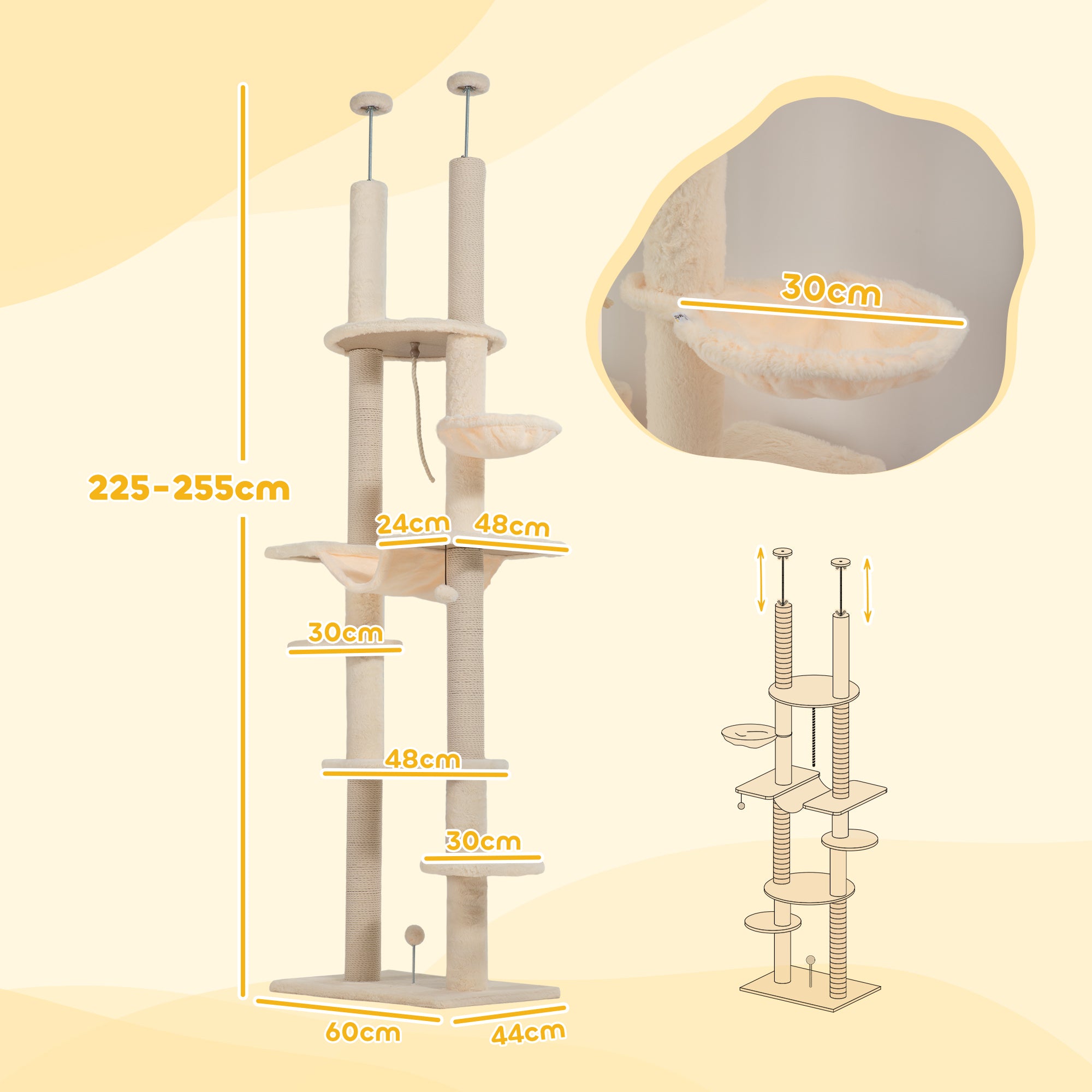 Arranhador para Gatos Bege e Cinza - 60x44x225-255 cm