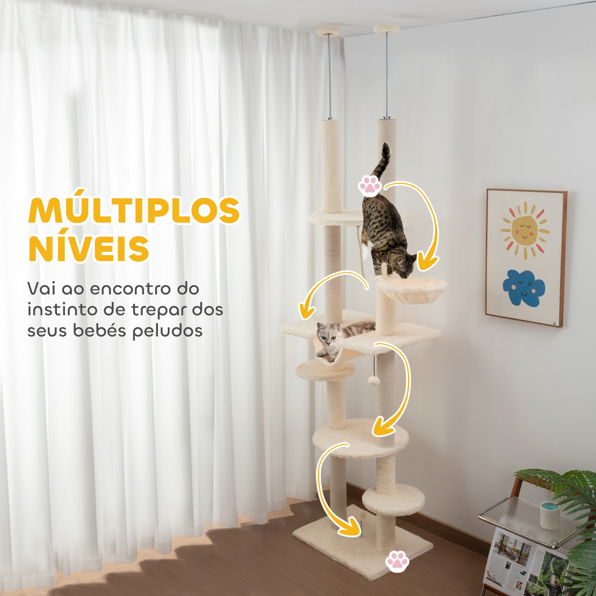 Arranhador para Gatos Bege e Cinza - 60x44x225-255 cm