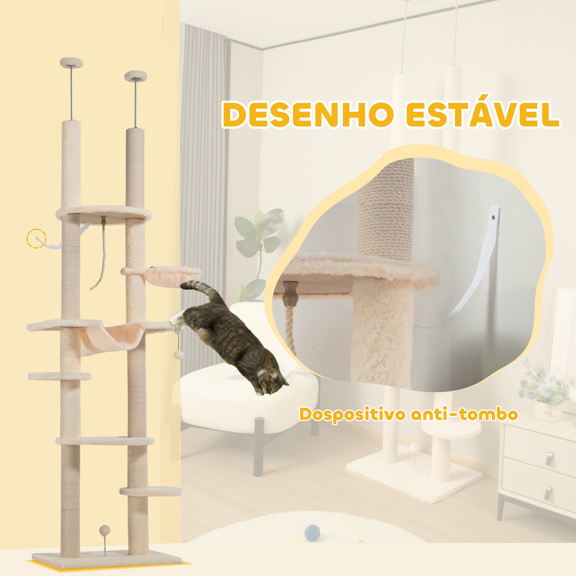 Arranhador para Gatos Bege e Cinza - 60x44x225-255 cm