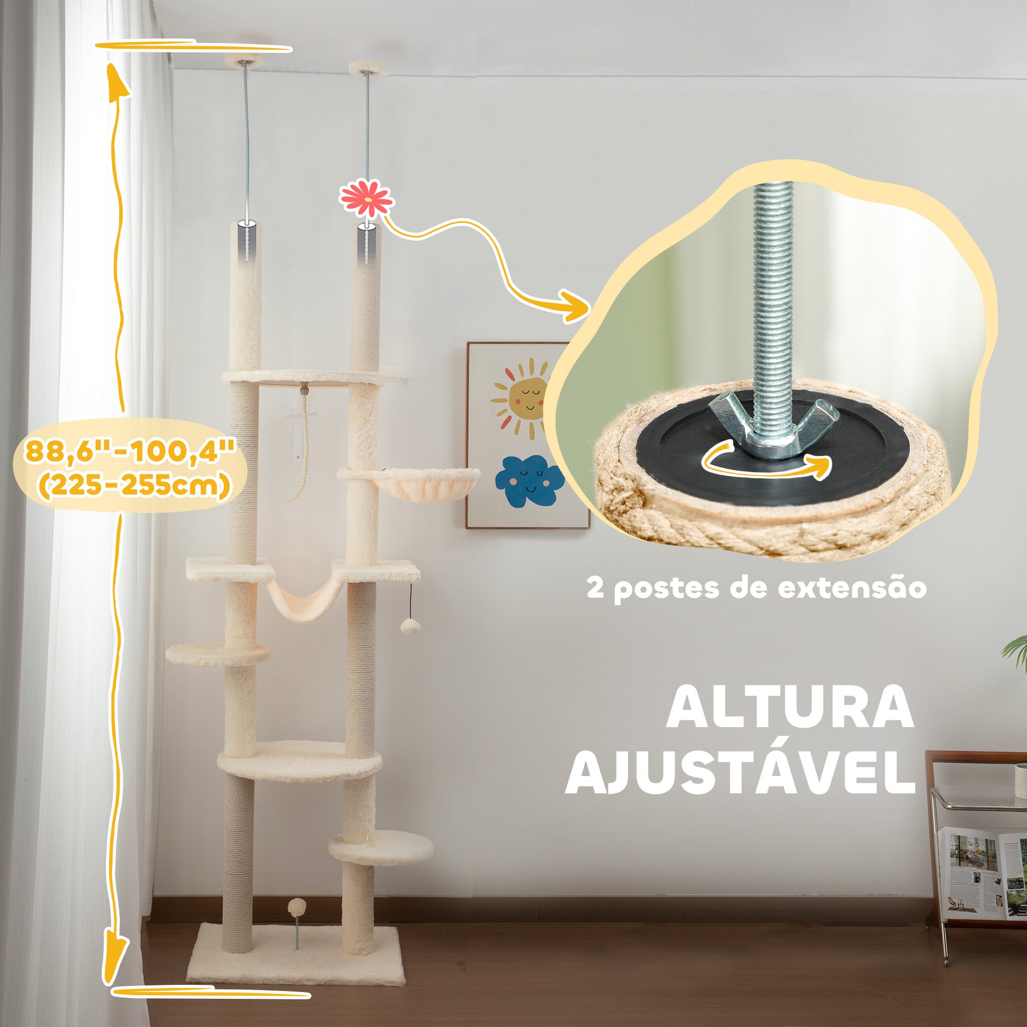 Arranhador para Gatos Bege e Cinza - 60x44x225-255 cm