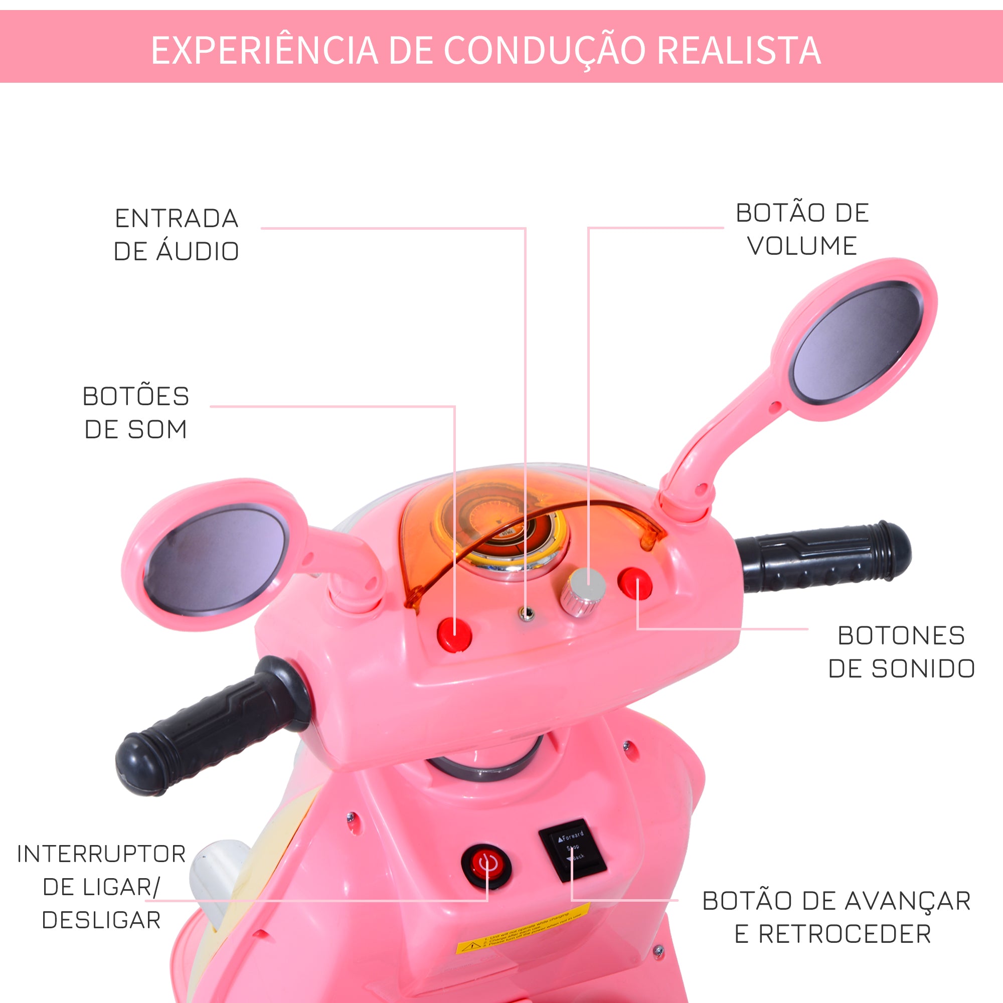Triciclo Moto Elétrica Infantil Rosa 108x51x75cm