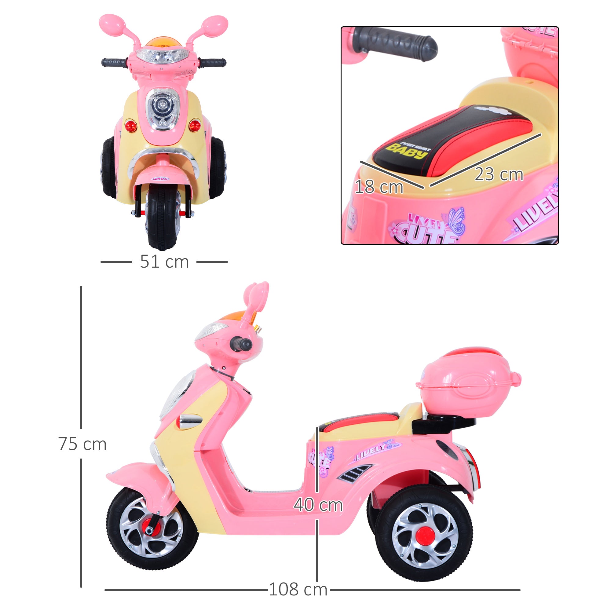 Triciclo Moto Elétrica Infantil Rosa 108x51x75cm
