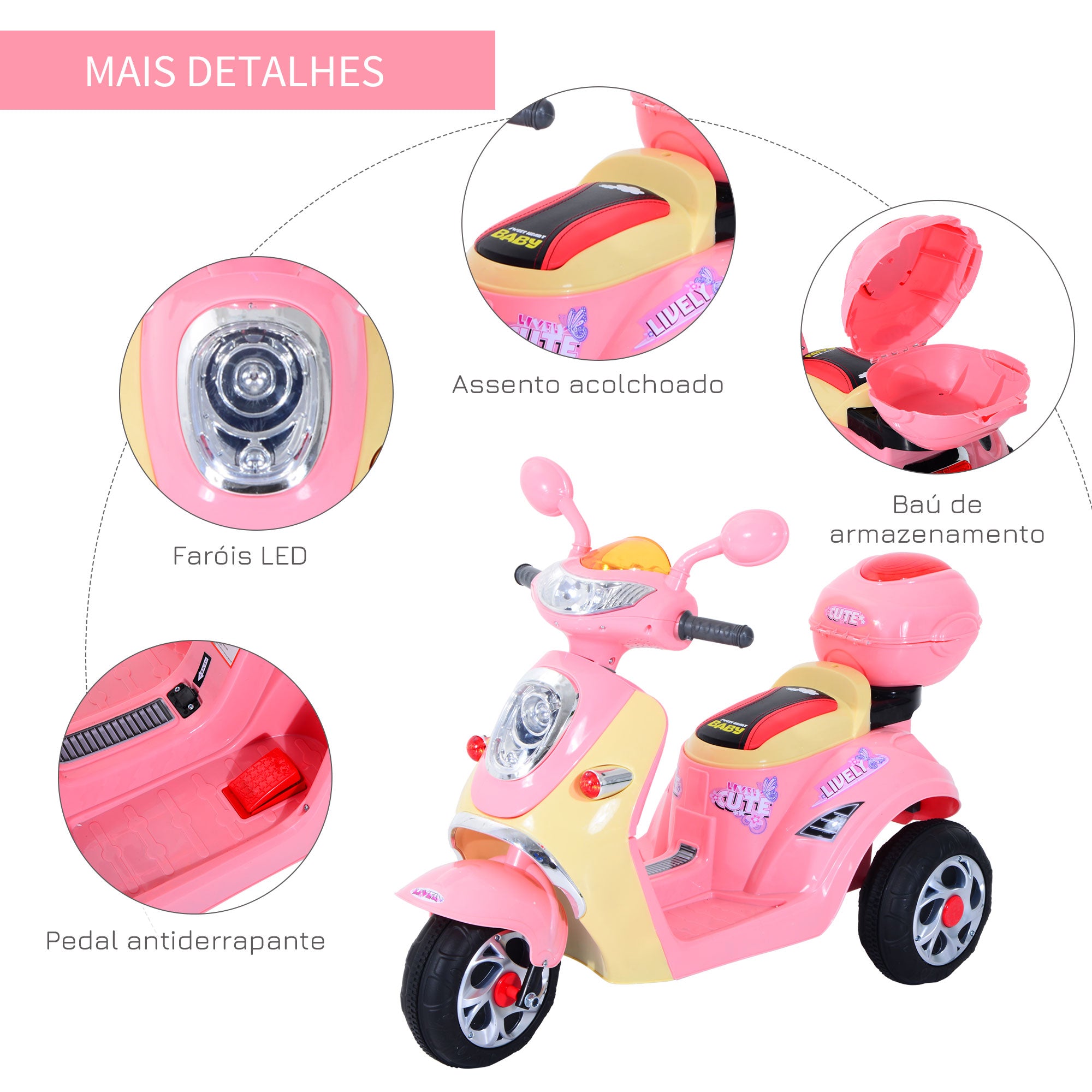 Triciclo Moto Elétrica Infantil Rosa 108x51x75cm