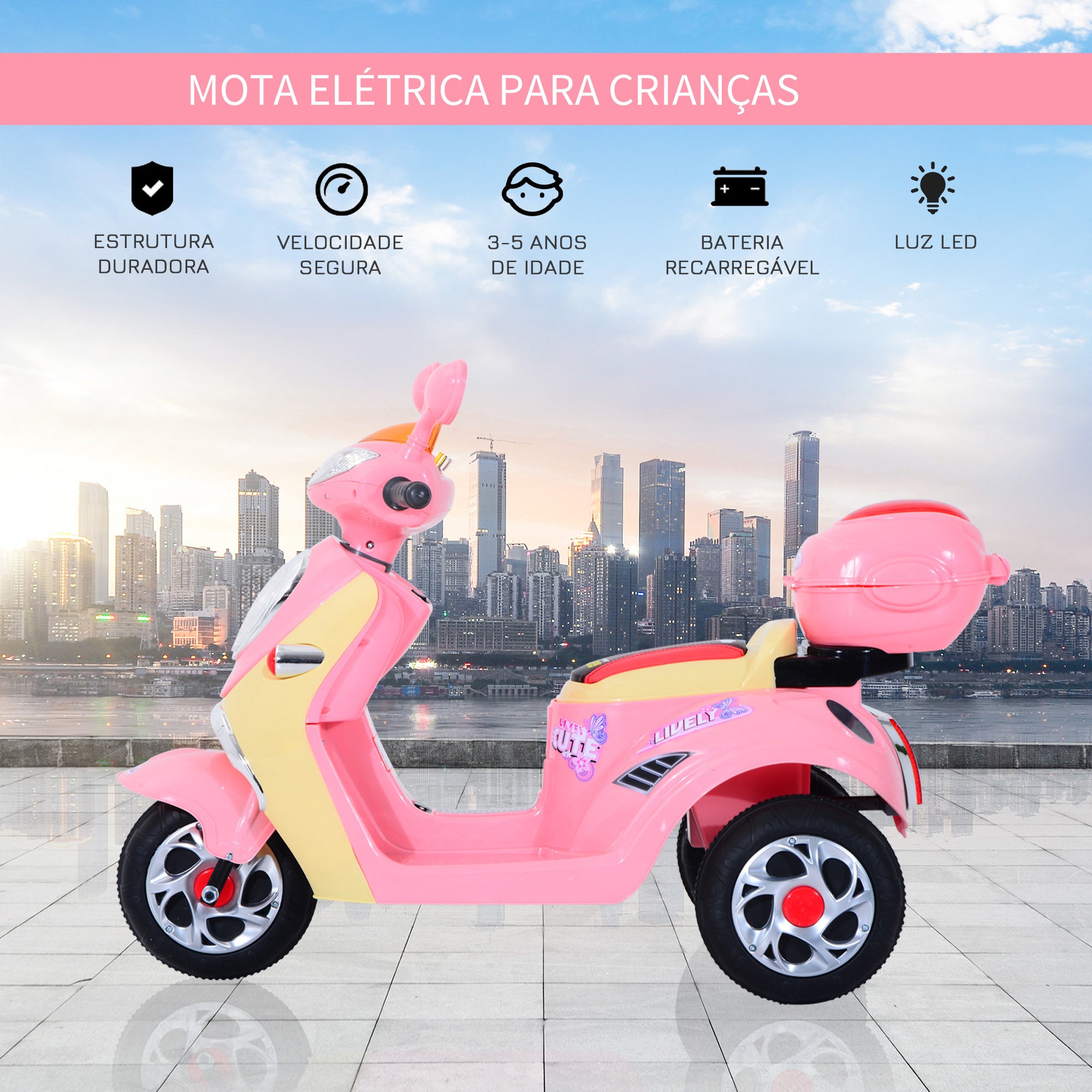 Triciclo Moto Elétrica Infantil Rosa 108x51x75cm