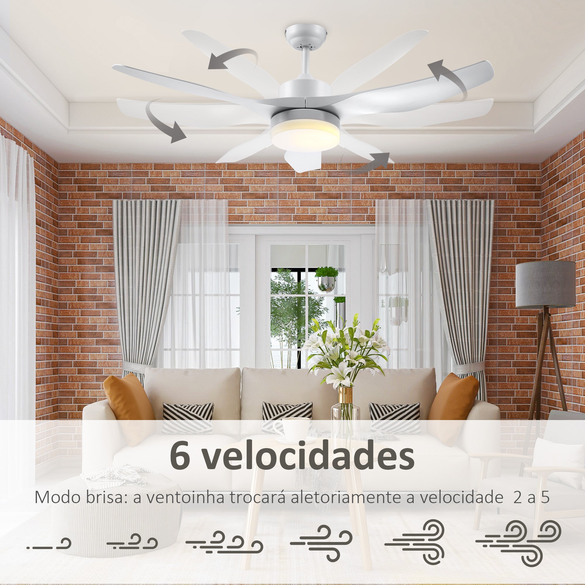 Ventoinha de Teto 132cm Branco LED 6 Velocidades Controle Remoto
