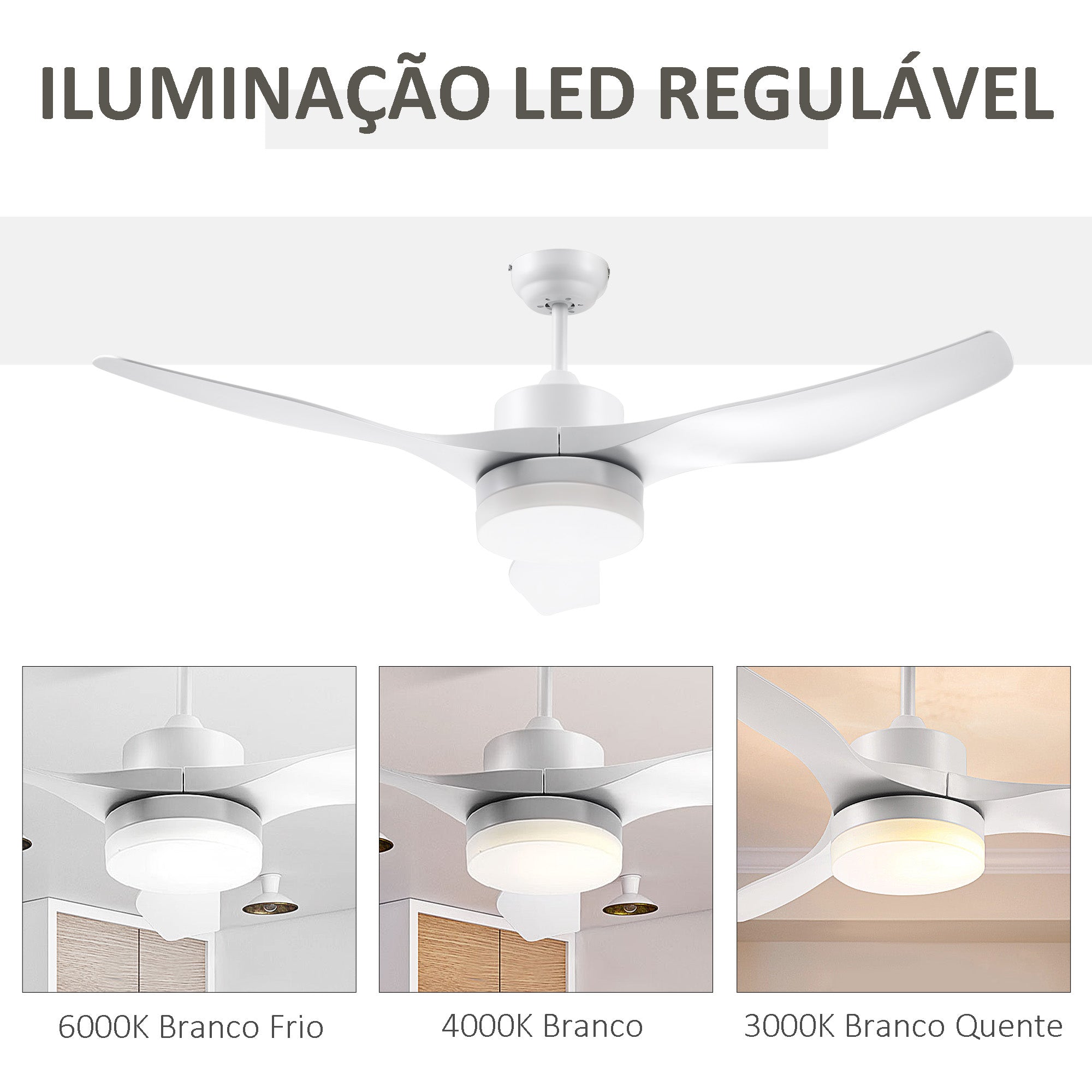 Ventoinha de Teto 132cm Branco LED 6 Velocidades Controle Remoto