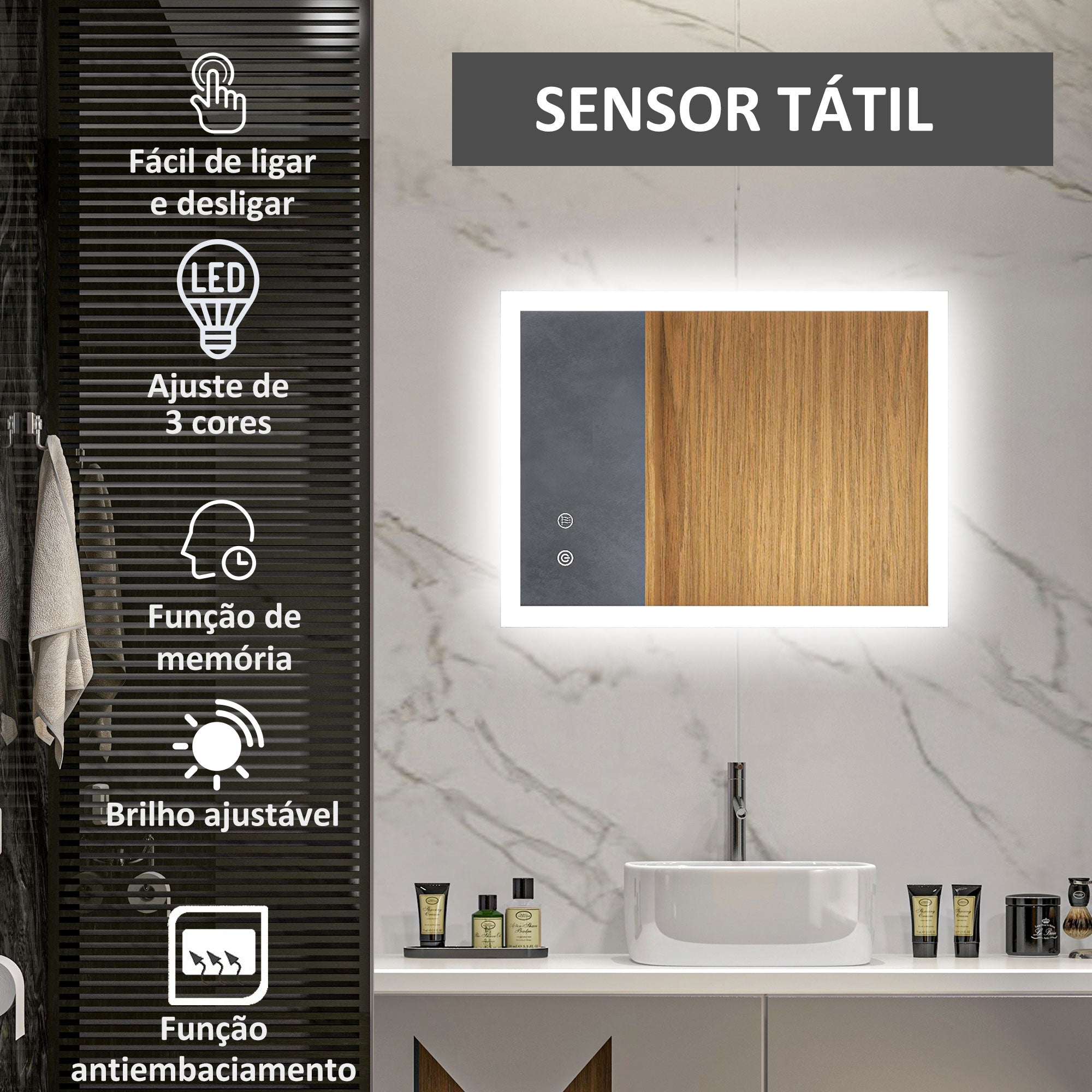 Espelho Casa de Banho LED 70x50 cm Prata