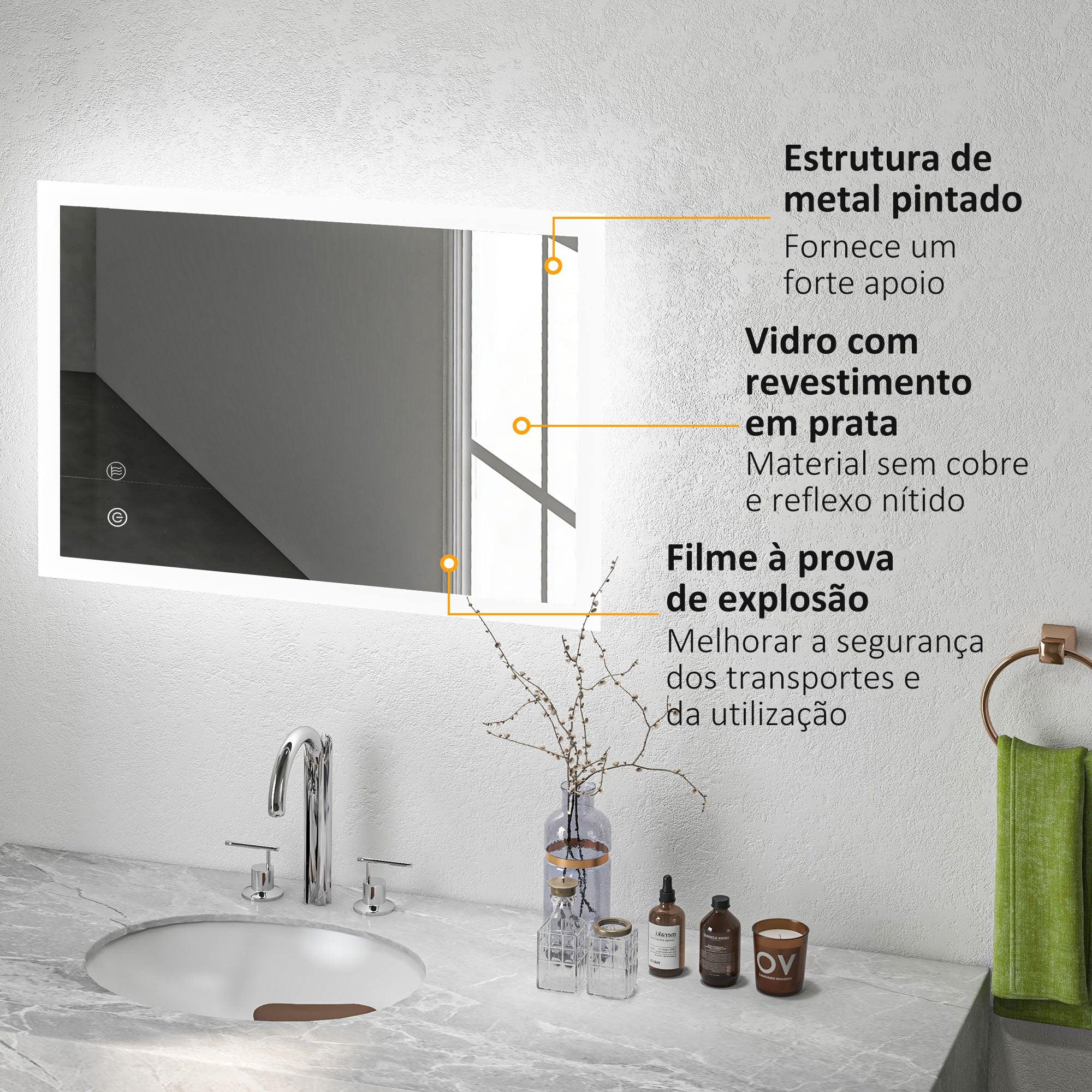 Espelho Casa de Banho LED 70x50 cm Prata