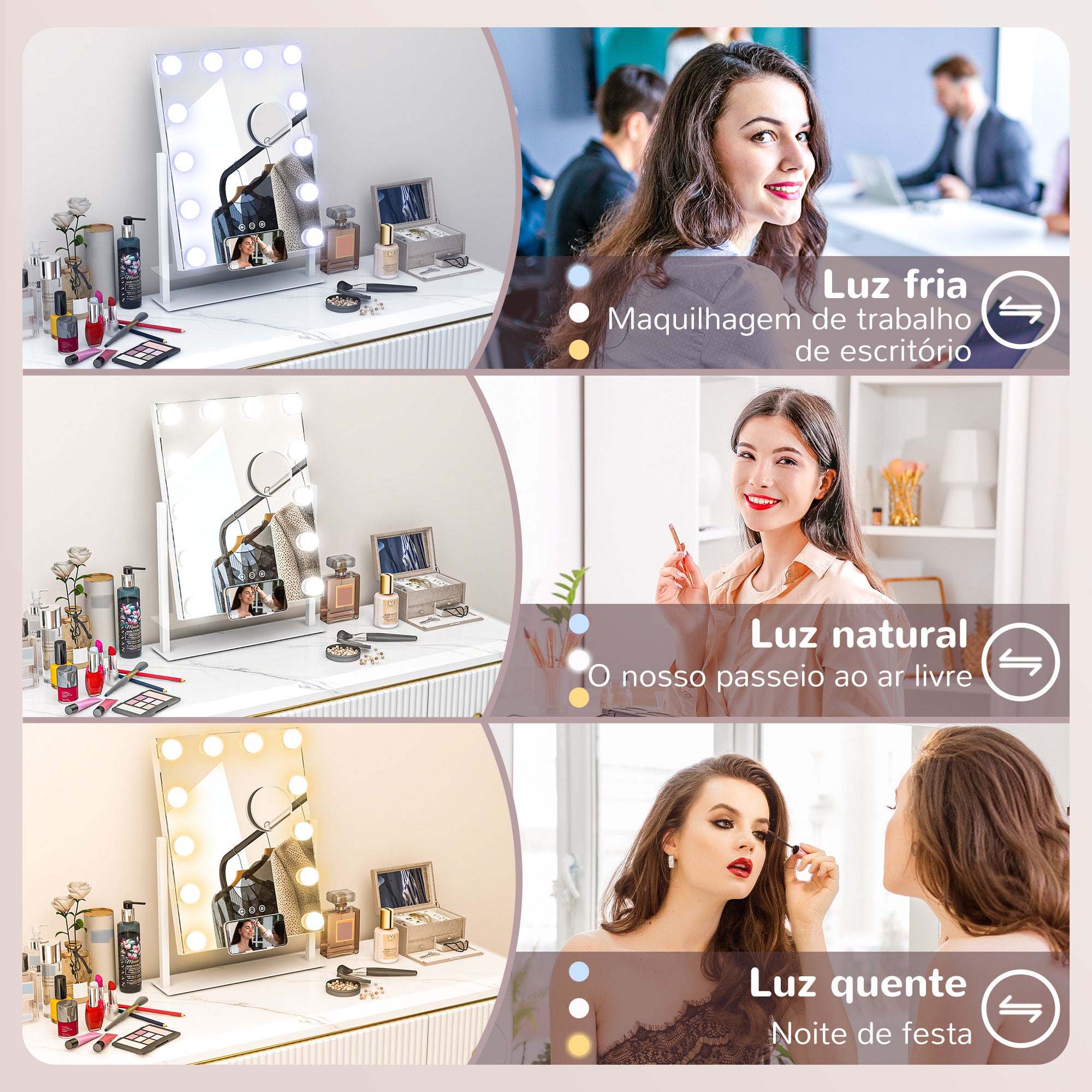 Espelho de Maquilhagem Estilo Hollywood Branco 36,5x45,5 cm