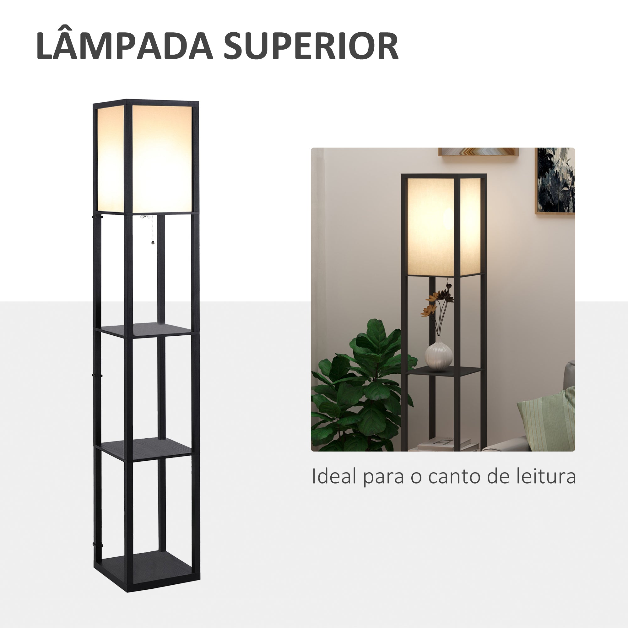 Candeeiro de Pé com 3 Prateleiras de Madeira - 26x26x160cm - Preto