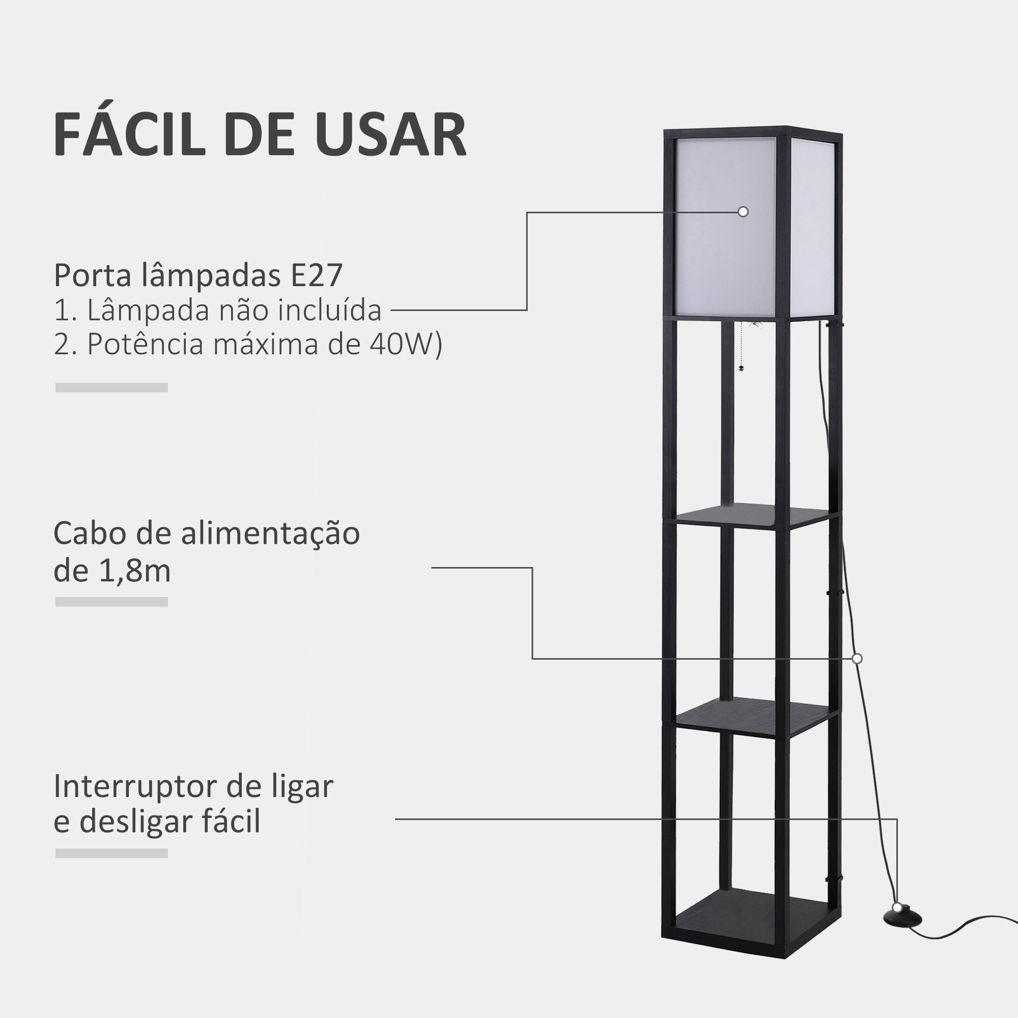 Candeeiro de Pé com 3 Prateleiras de Madeira - 26x26x160cm - Preto