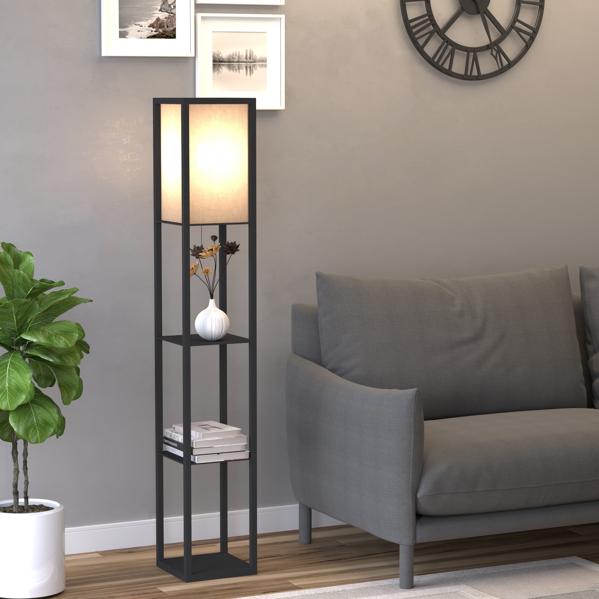 Candeeiro de Pé com 3 Prateleiras de Madeira - 26x26x160cm - Preto