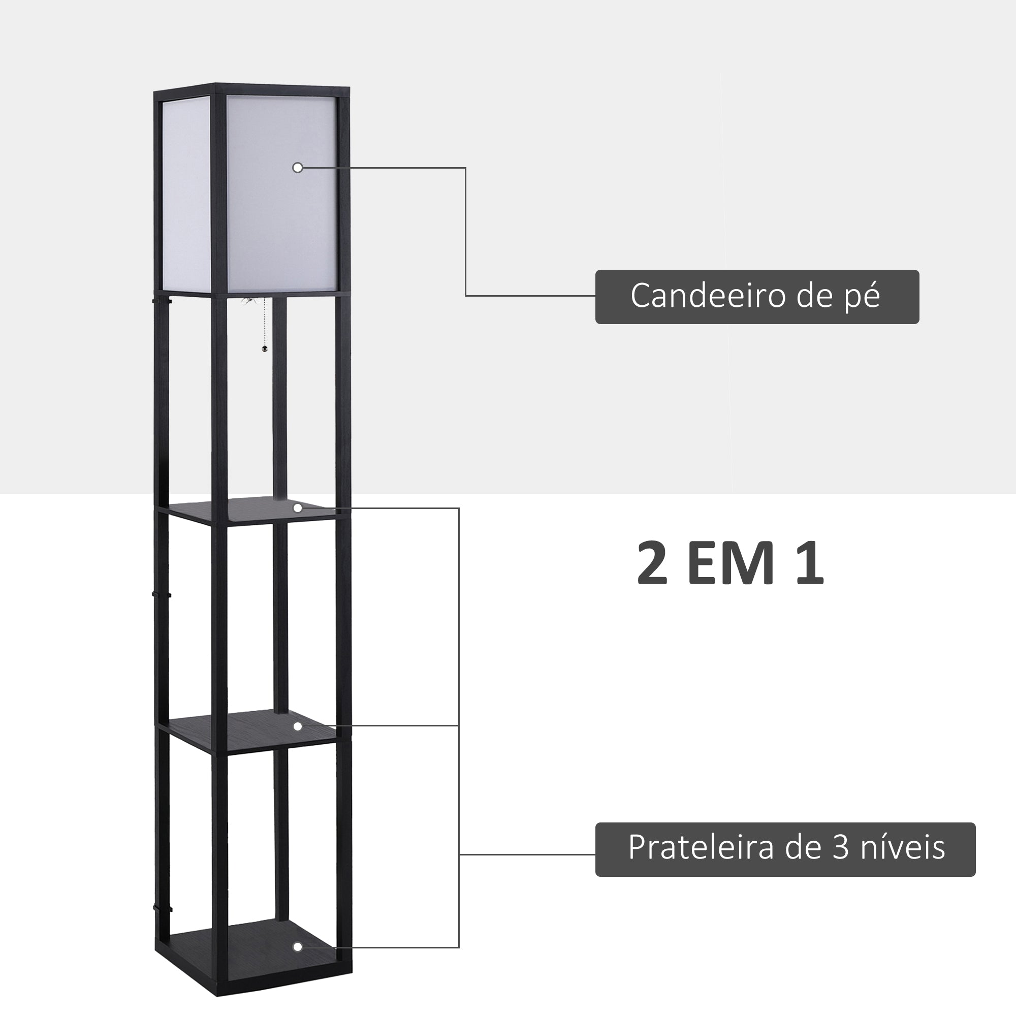 Candeeiro de Pé com 3 Prateleiras de Madeira - 26x26x160cm - Preto